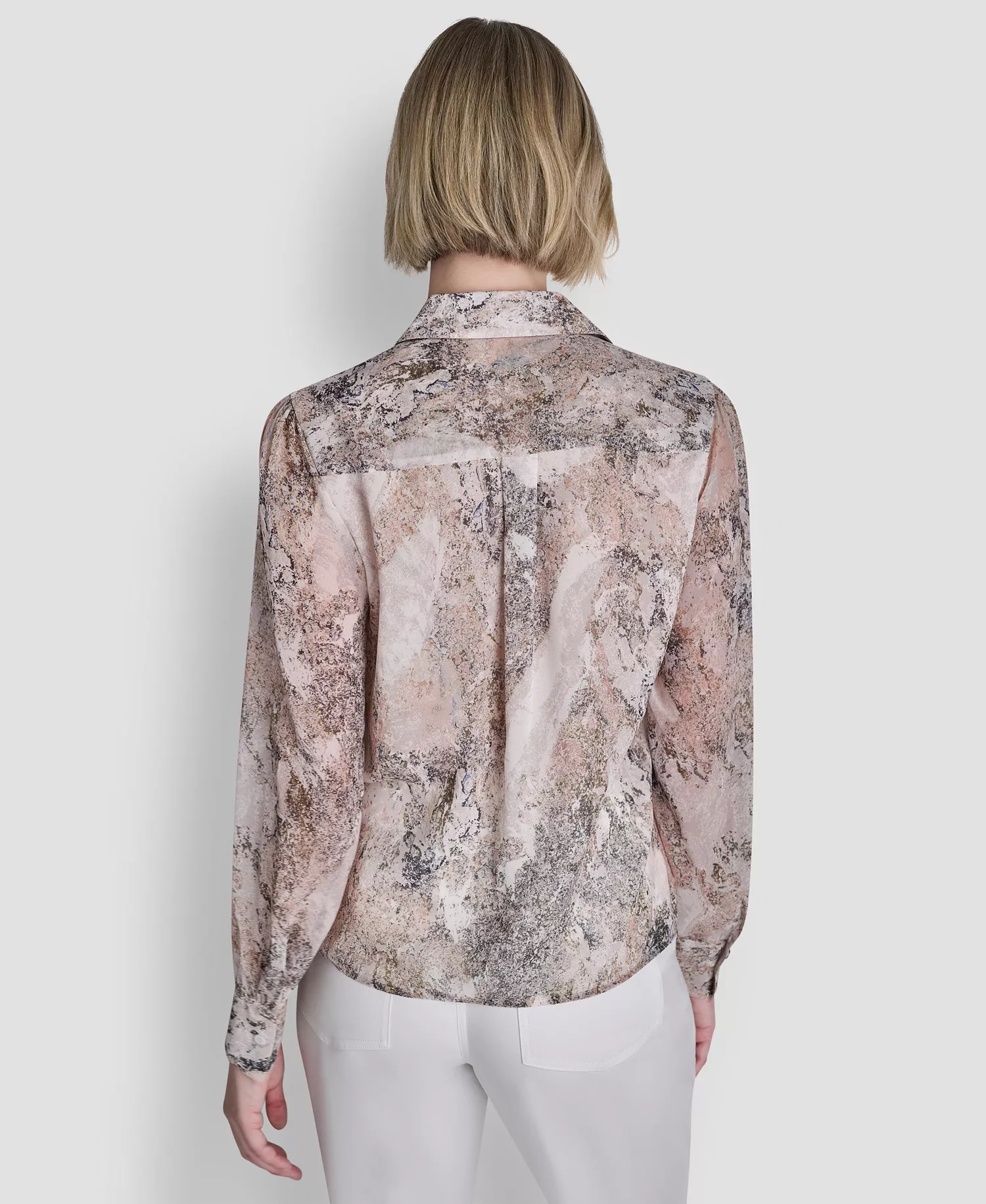 Women's Printed Ruffle Front Long-Sleeve Collared Blouse - Coconut / Travertine Multi - L