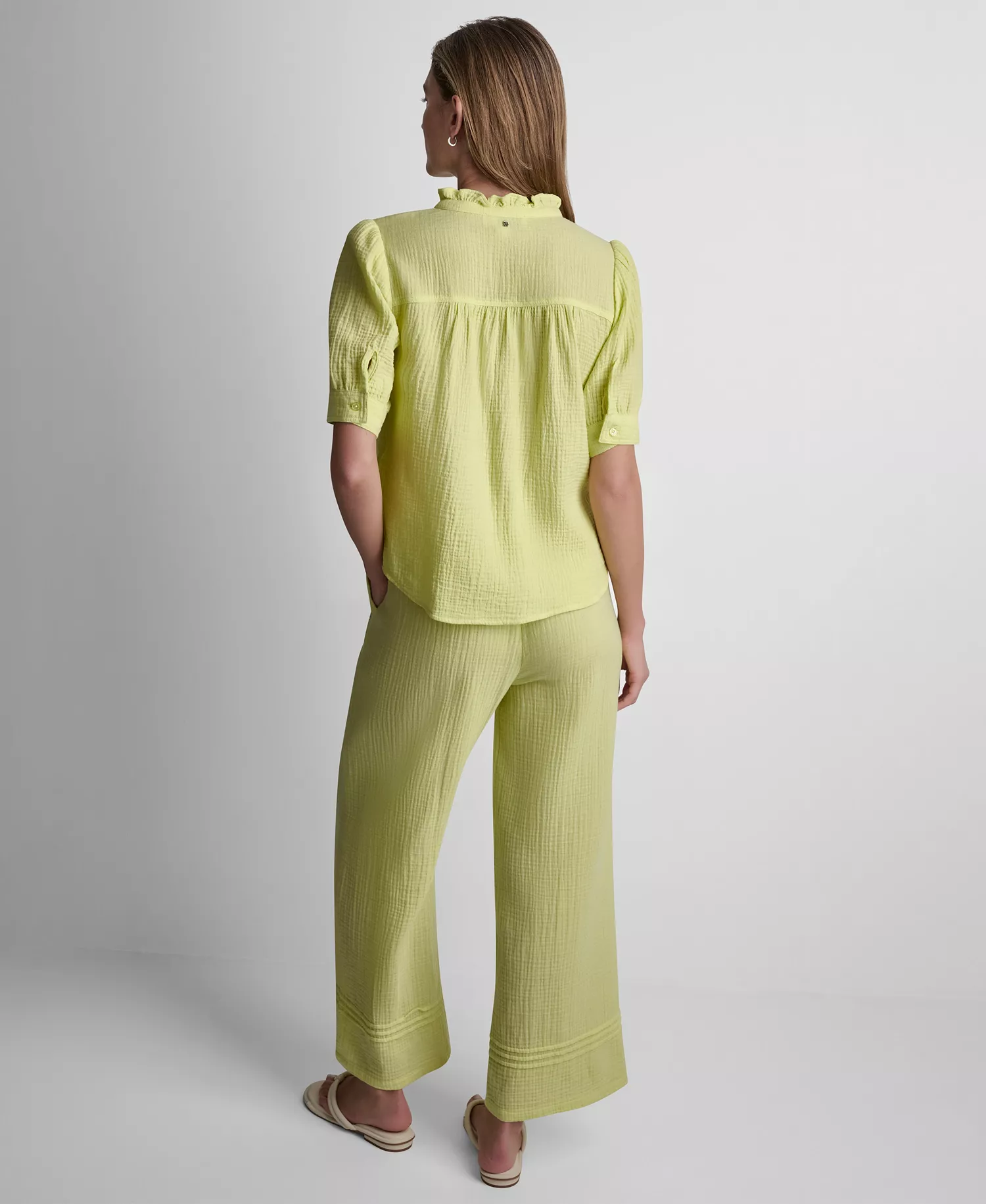 Petite Short Puff-Sleeve Button-Front Shirt - Lemon Light - PL