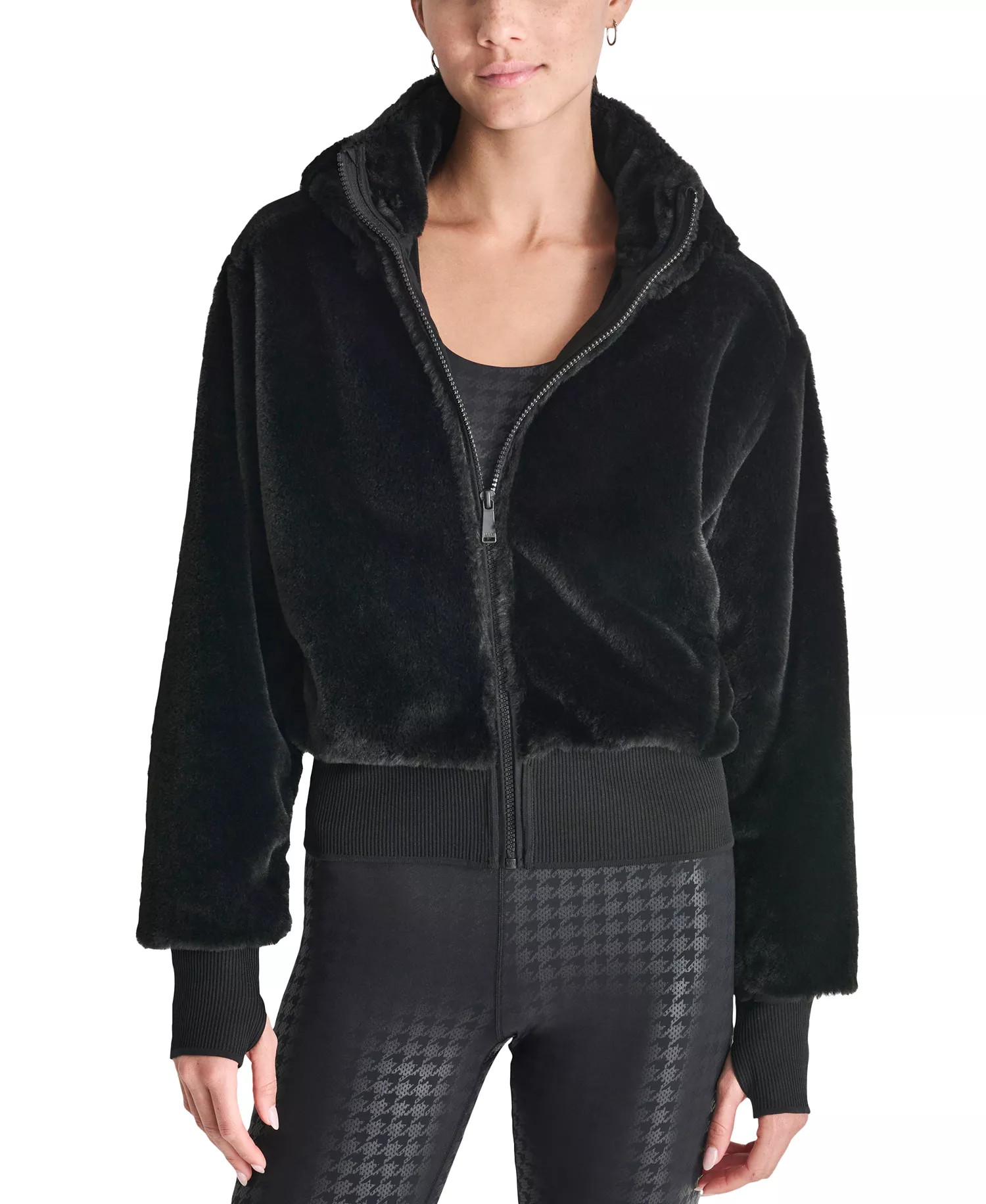 Women's Faux-Fur Zip-Front Bomber Jacket - Black - M