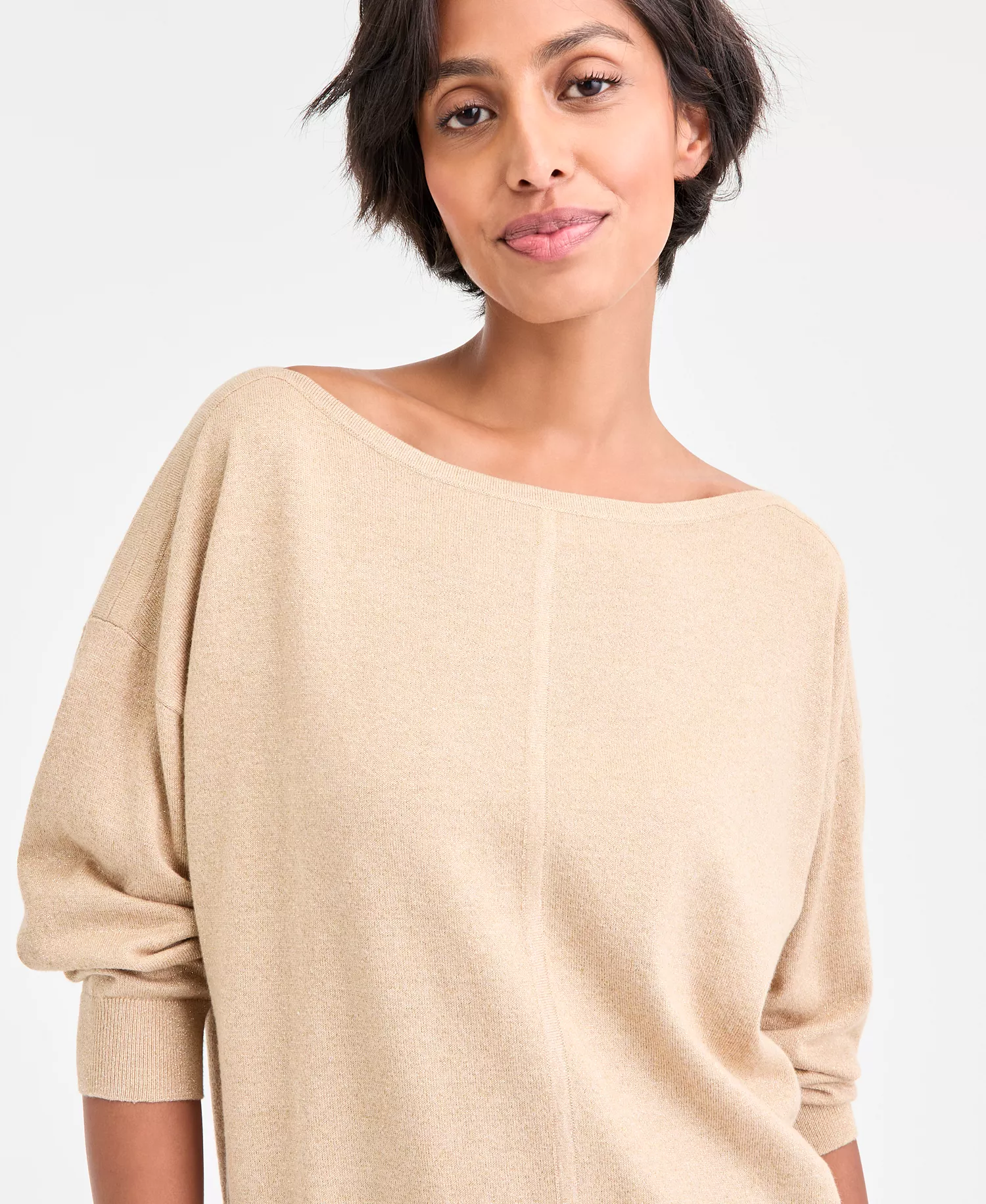 Women's Dolman-Sleeve Boat-Neck Shine Sweater - Light Heather Fawn - S