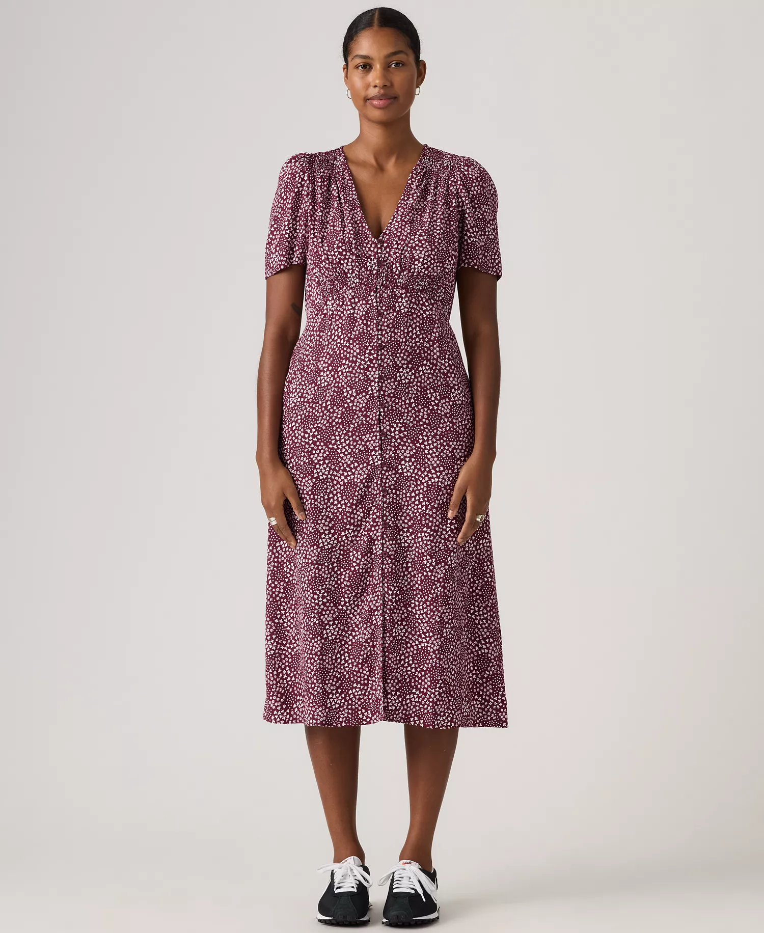 Women's Paola Short-Sleeve Crepe Midi Dress - Connie Ditsy Dot Tawny Port - L