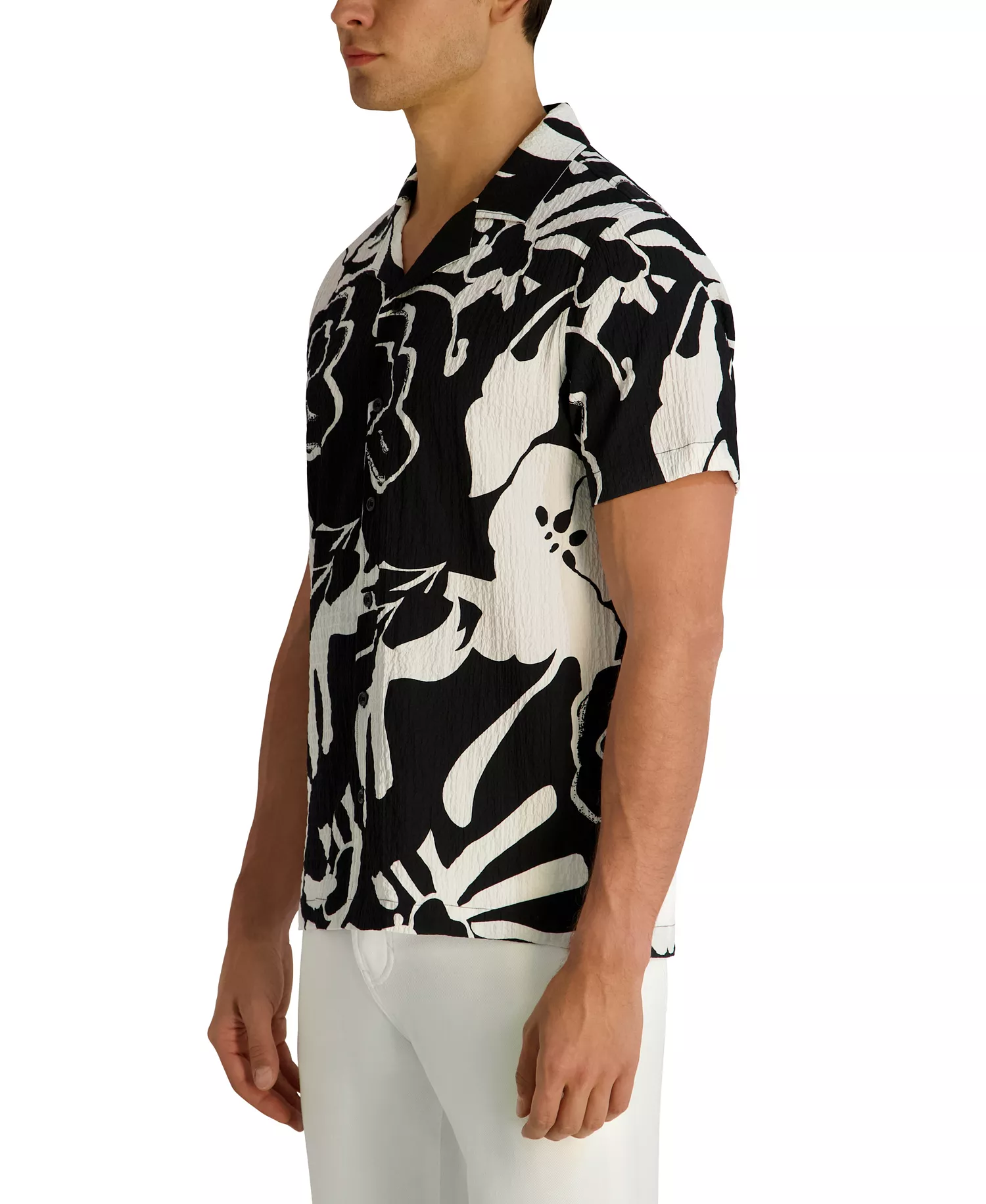 Men's Seersucker Floral Camp Collar Textured Shirt - Black/White - 2XL