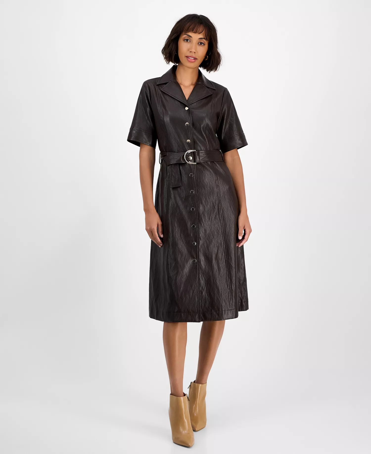 Women's Faux-Leather Belted Button-Front Dress - Espresso Bean - 2