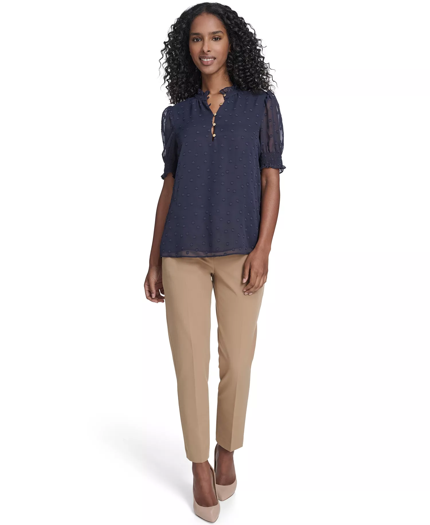 Women's Floral Clip Mock Neck Short Sleeve Blouse - Midnight - L