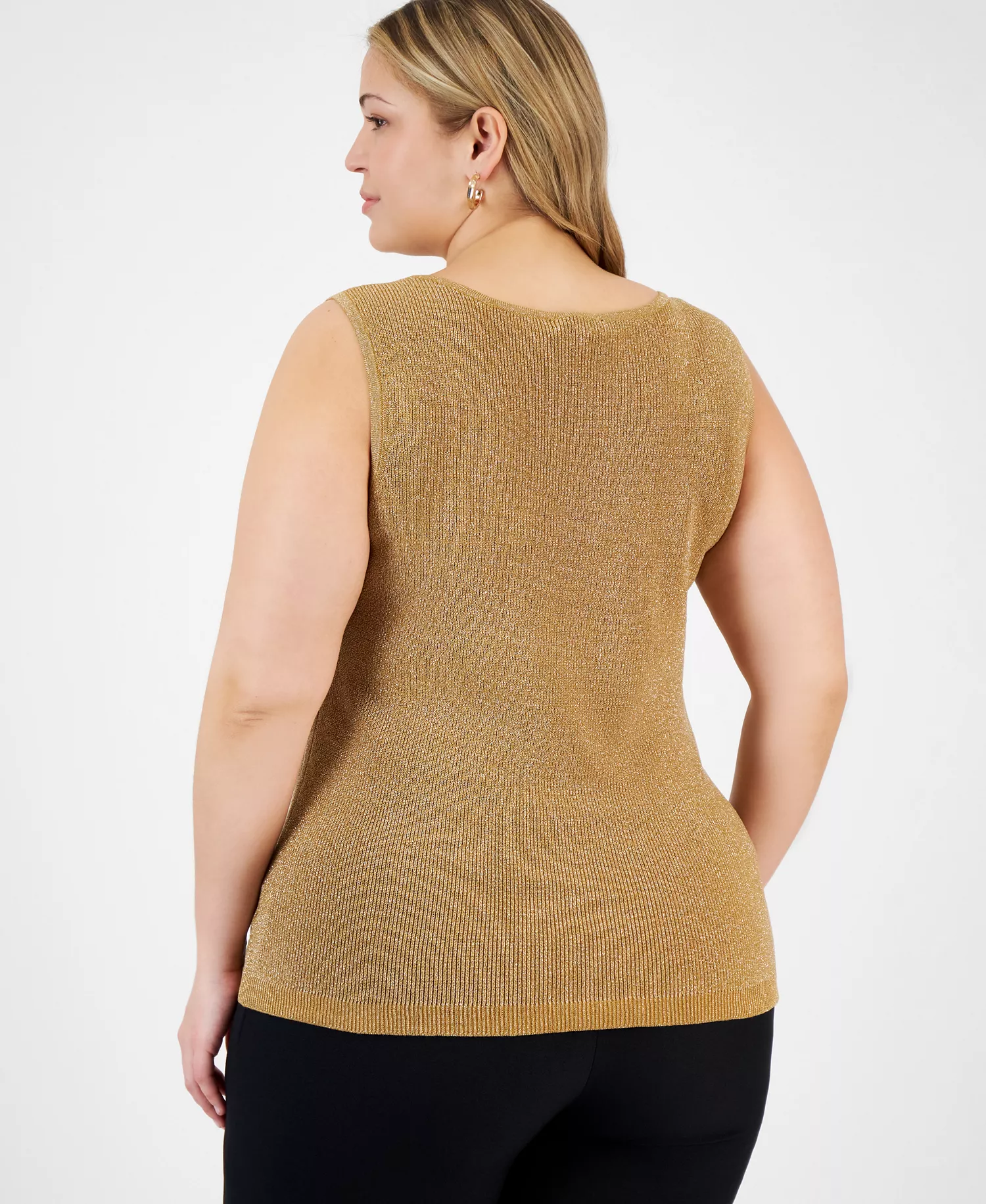 Plus Size Metallic Rib-Knit Scoop-Neck Tank  - Camel/Gold Multi - 1X