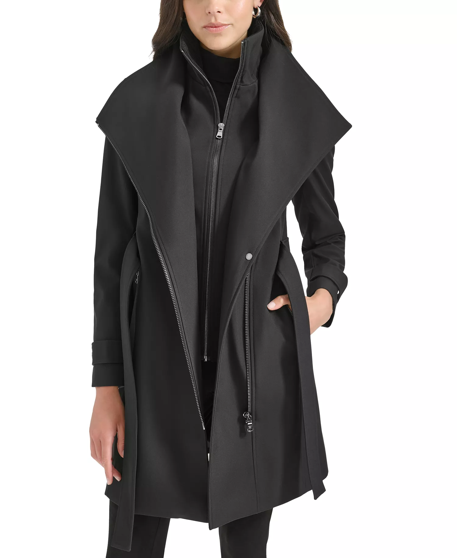 Women's Belted Wrap Coat - Black - L