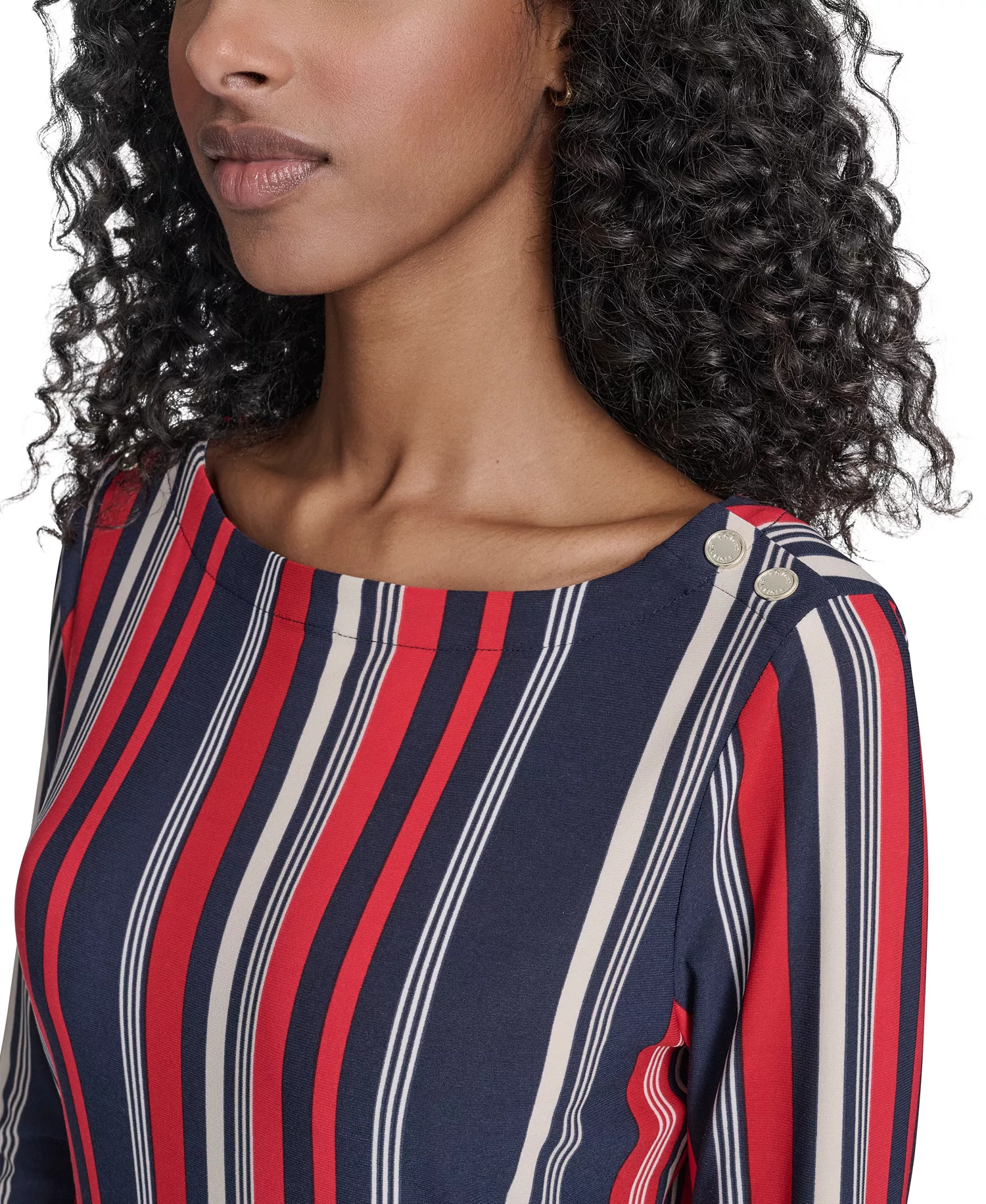Women's Striped Long Sleeve Boat Neck Top - Midnight/ Scarlet - L