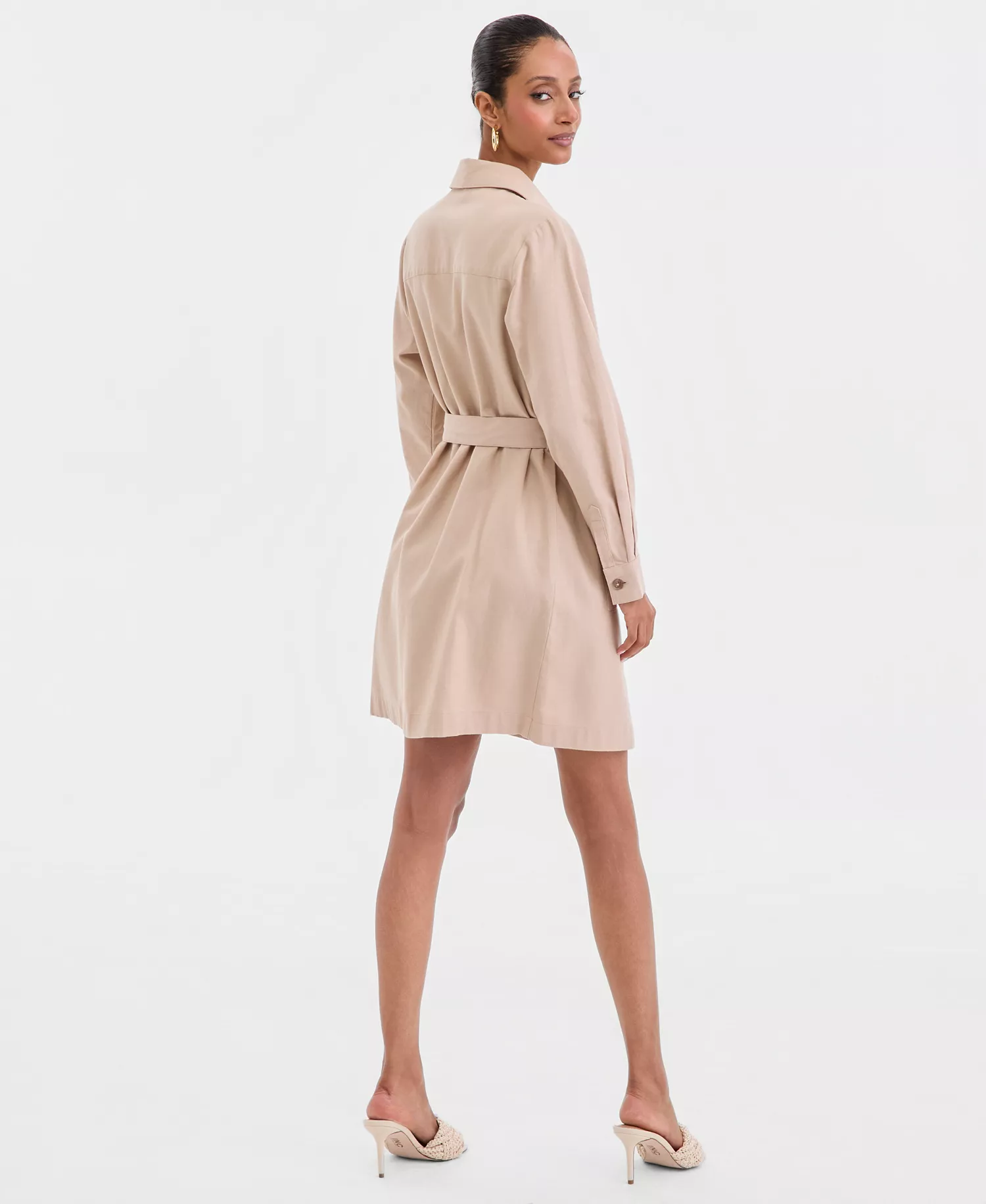Women's Long-Sleeve Belted Shirtdress, Macy's Exclusive - Neutral - L