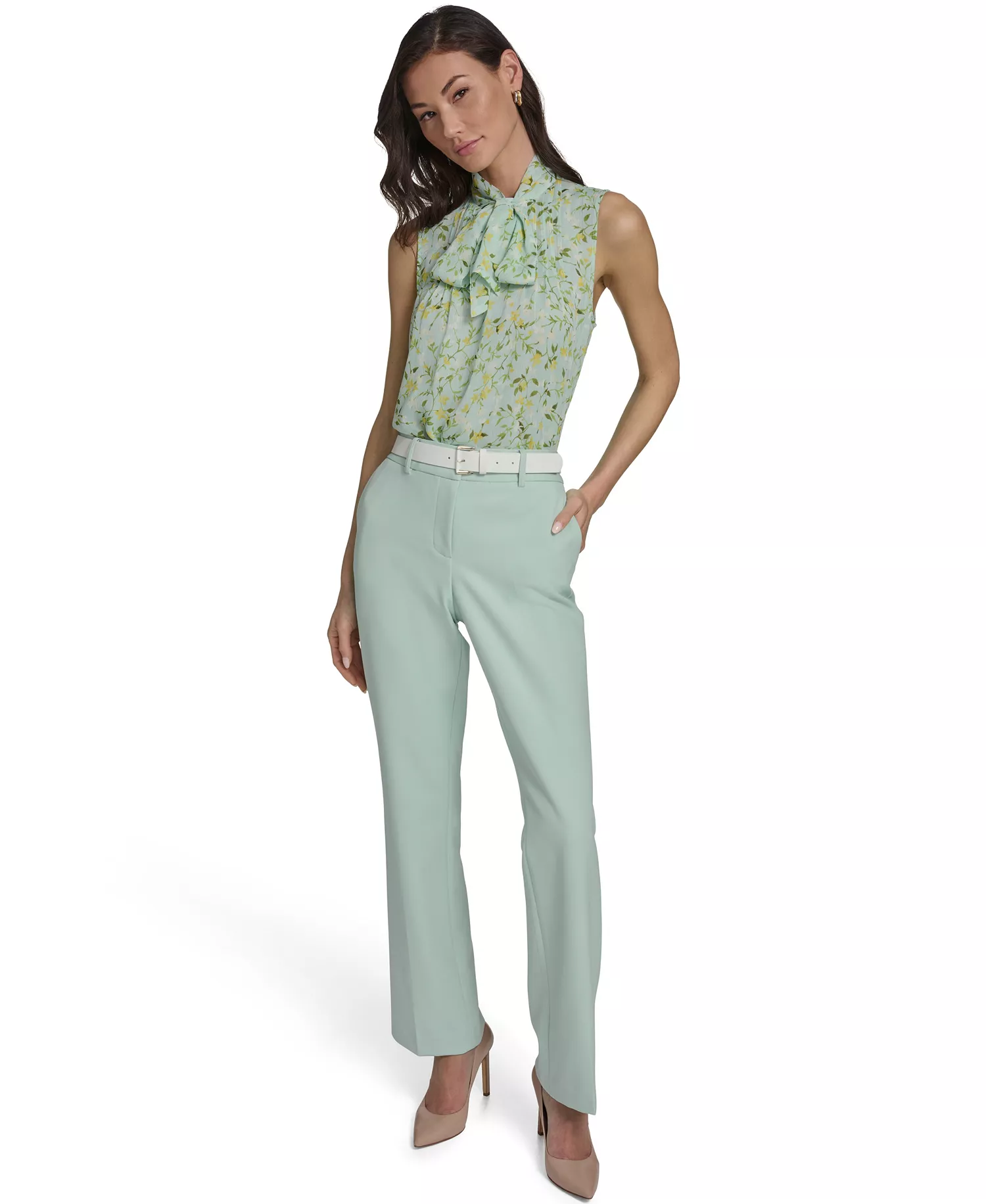Women's Floral Vine Pintuck Top - Harbor Gray/Sunshine - L