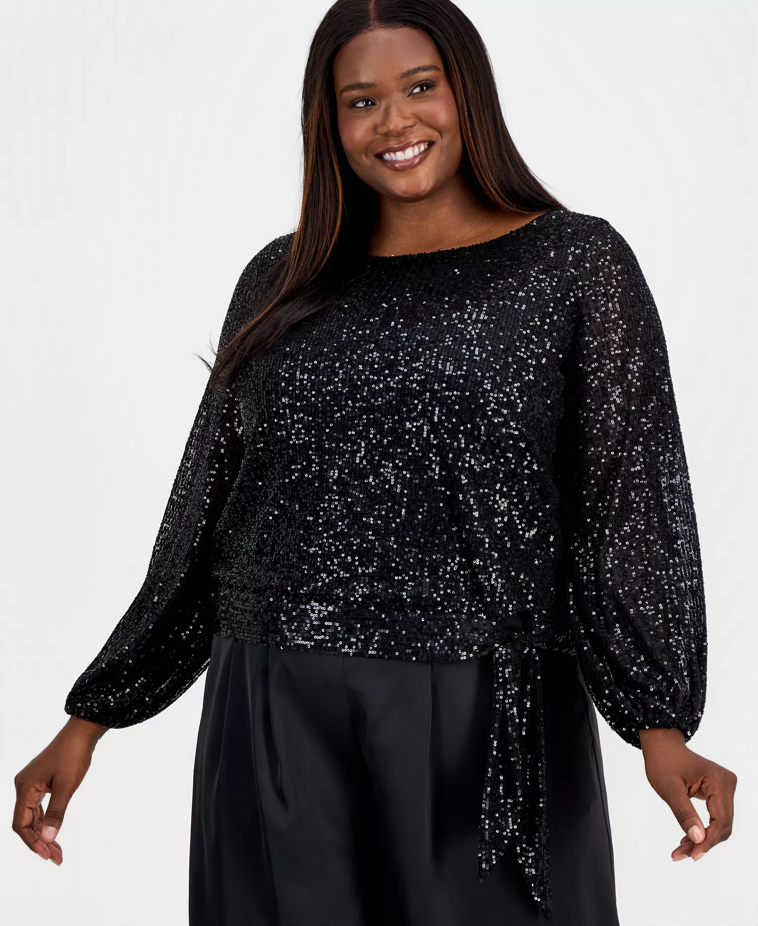 Plus Size Sequin Blouson-Sleeve Top - Black - 1X