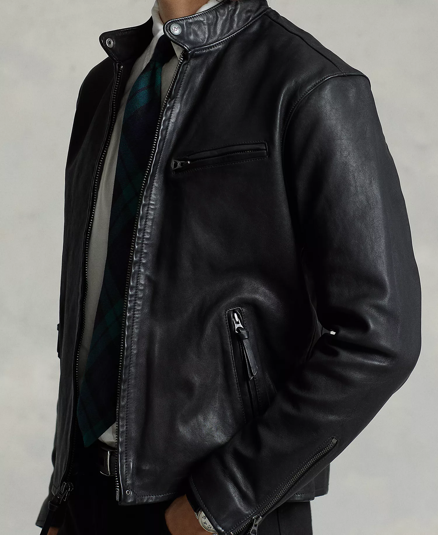 Men's Café Racer Leather Jacket - Polo Black - 2XL