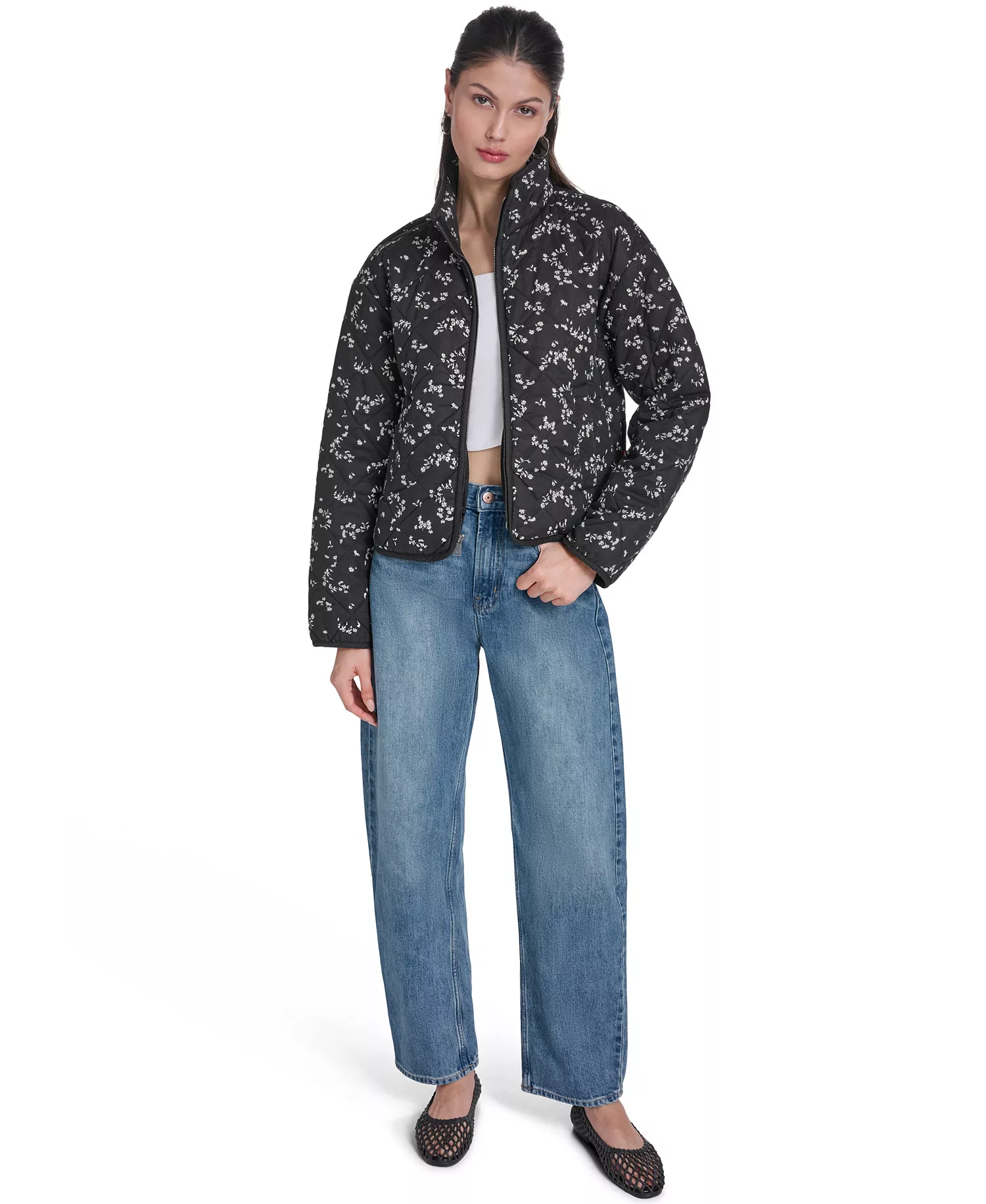 Women's Quilted Short Liner Zipper Jacket - Black / White Floral - L