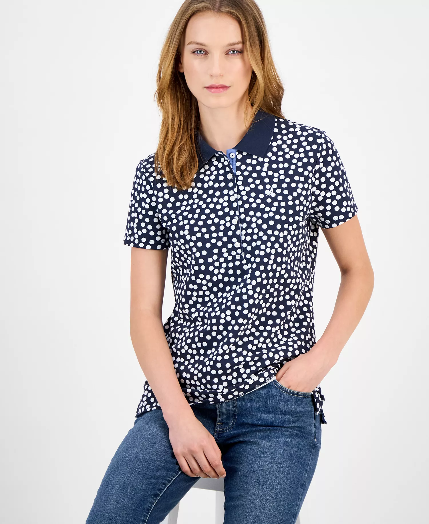 Nautica Women's Snow Dot Polo Shirt - Night Sky/ Bright White - L