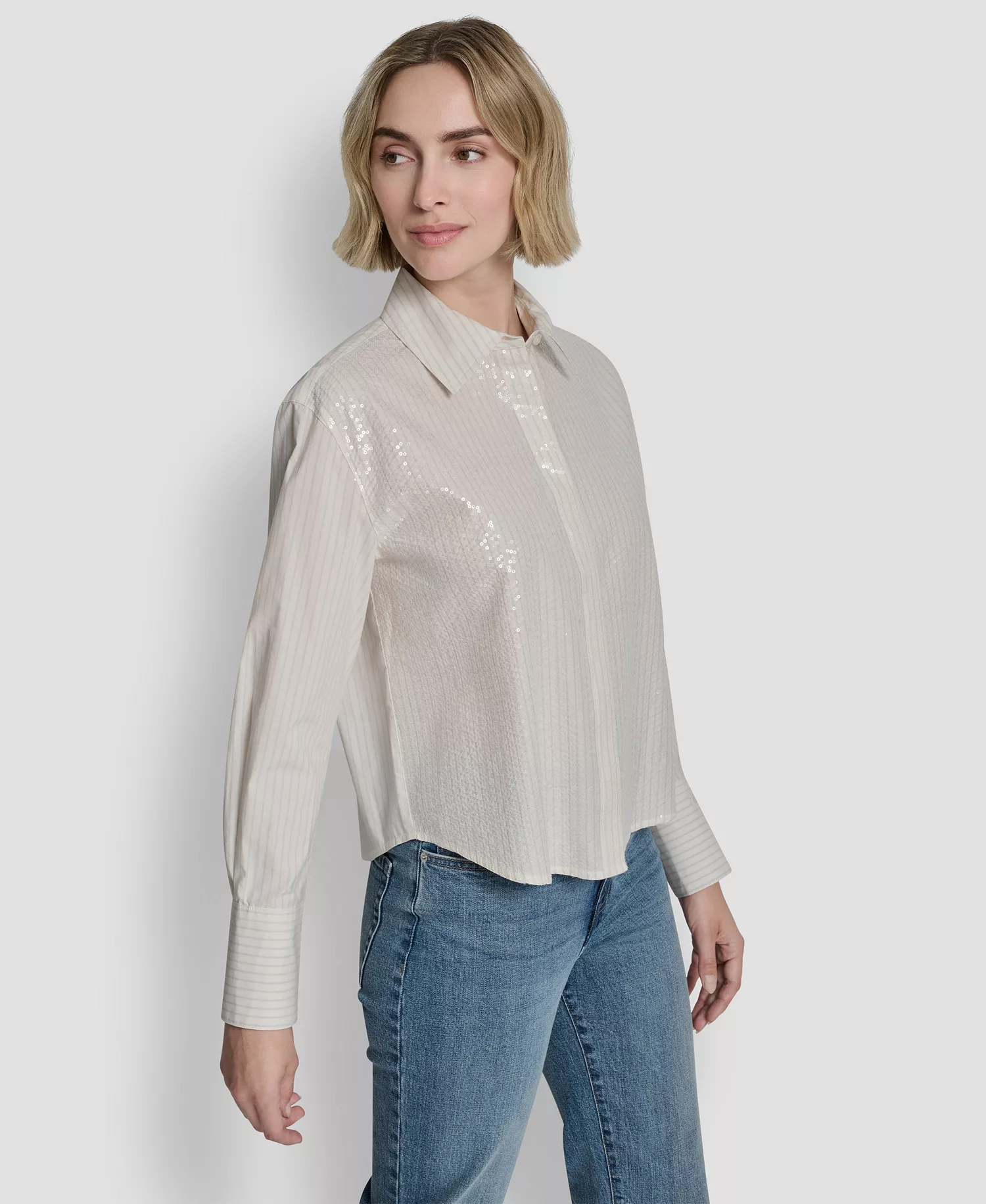 Women's Logo Embroidery and Sequin Button-Front Shirt - Lasalle Stripe-eggnog/zinc - L