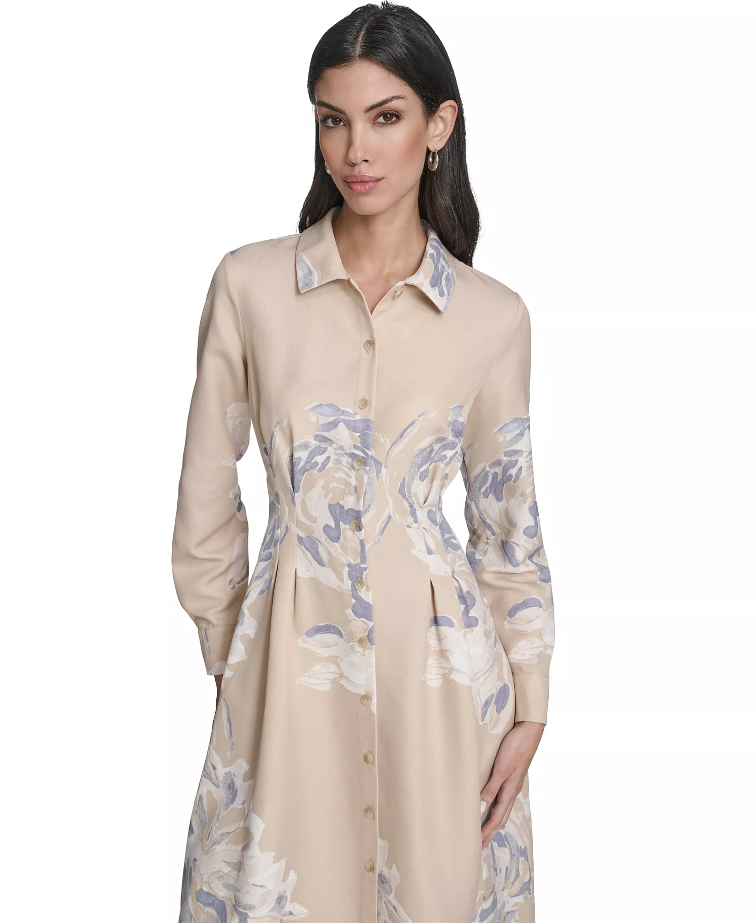 Women's Printed Collar Shirt Dress - Khaki Multi - 10