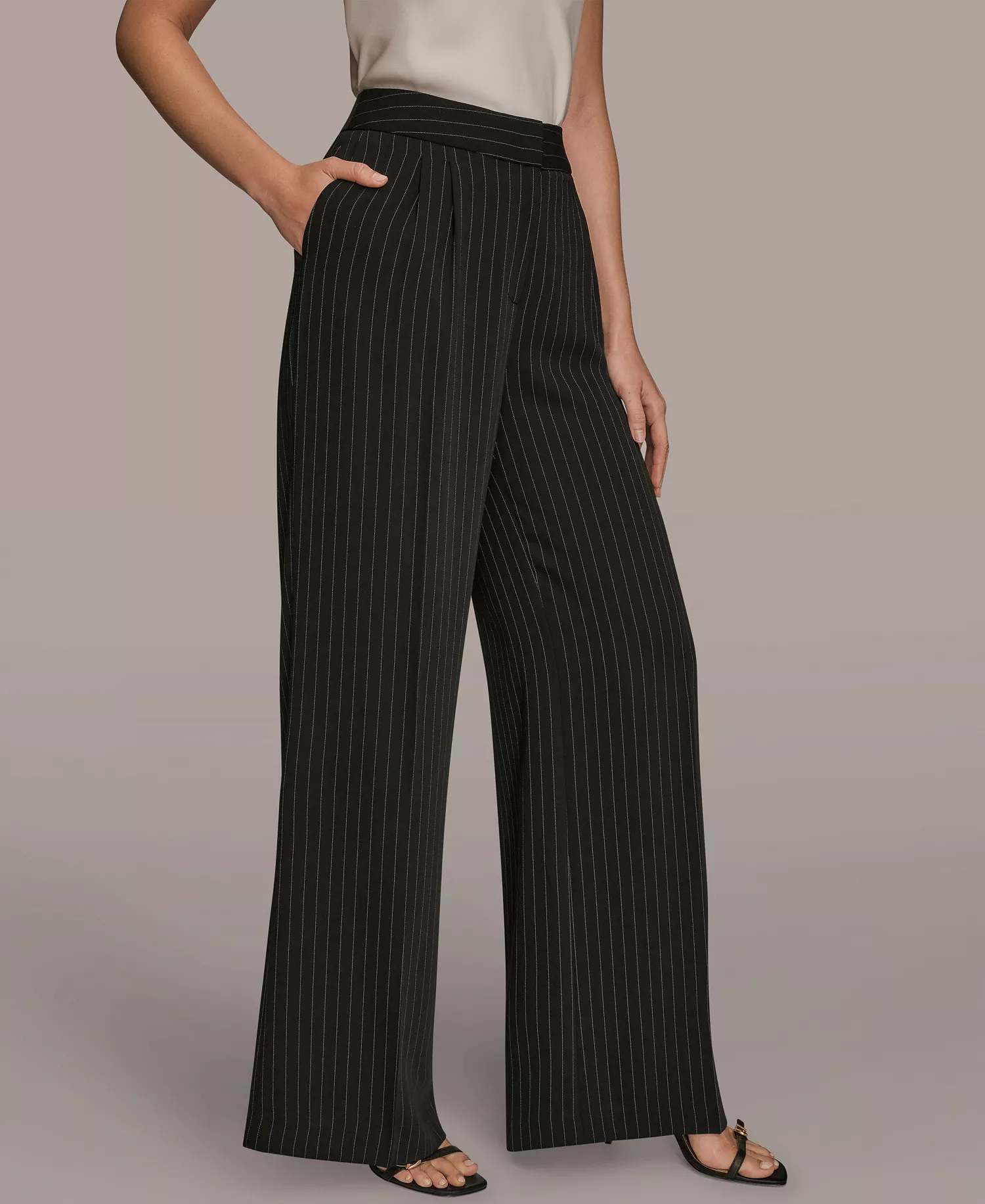 Women's Pinstripe Wide Leg Pants - Black - 0