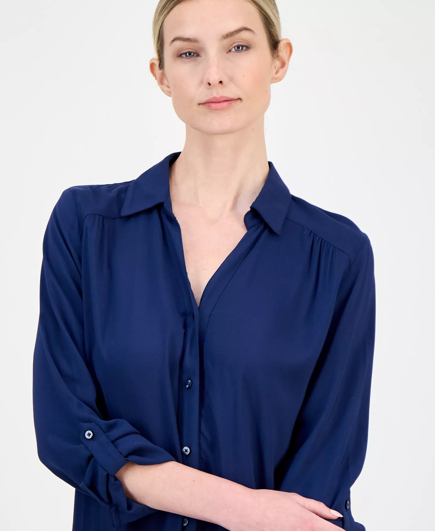 Women's Roll-Tab Button-Down Long Blouse, Created for Macy's - Indigo Sea - L