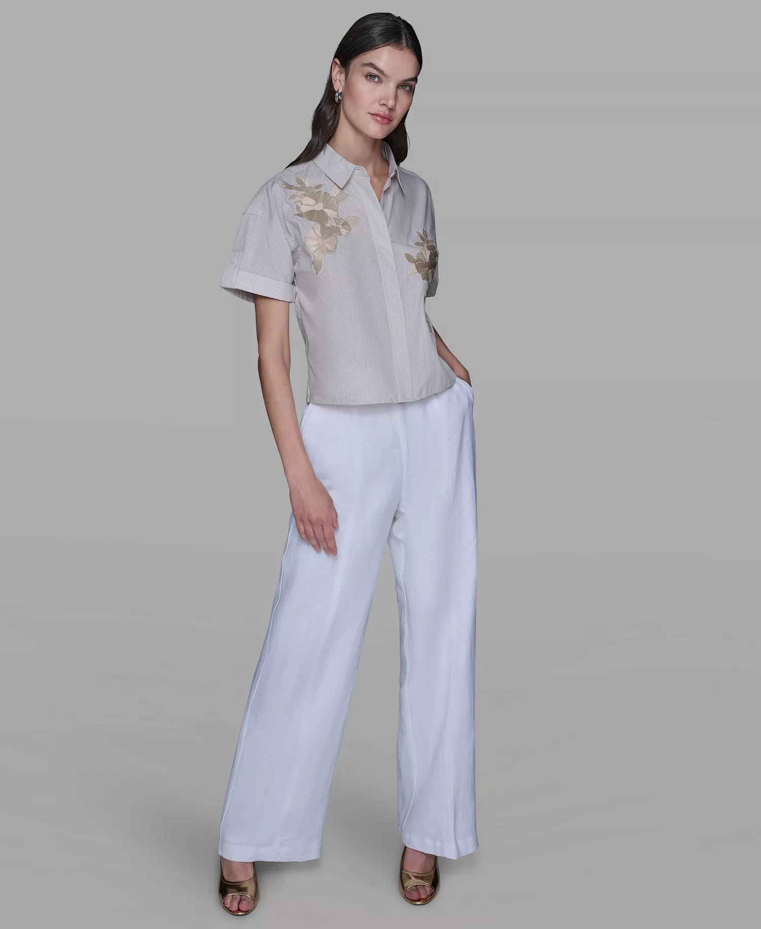 Women's Striped Floral Detail Top - Desert/Soft White - L