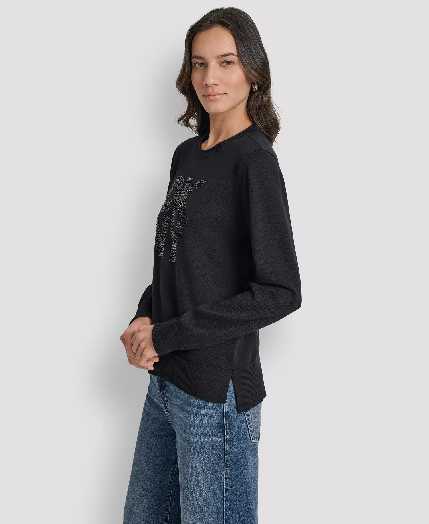 Petite Embellished Logo Crewneck Sweater - Black - PM