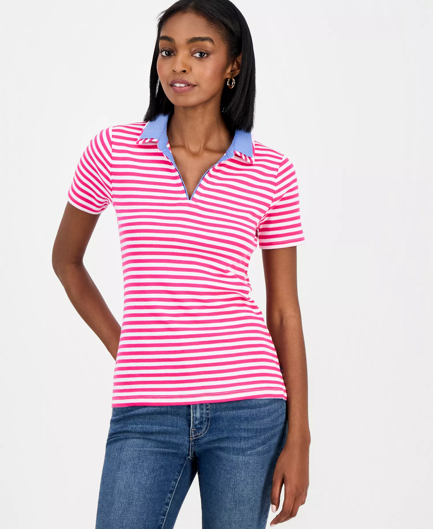 Nautica Women's Cotton Double-Collar Polo T-Shirt - Aster Pink/bright White - L