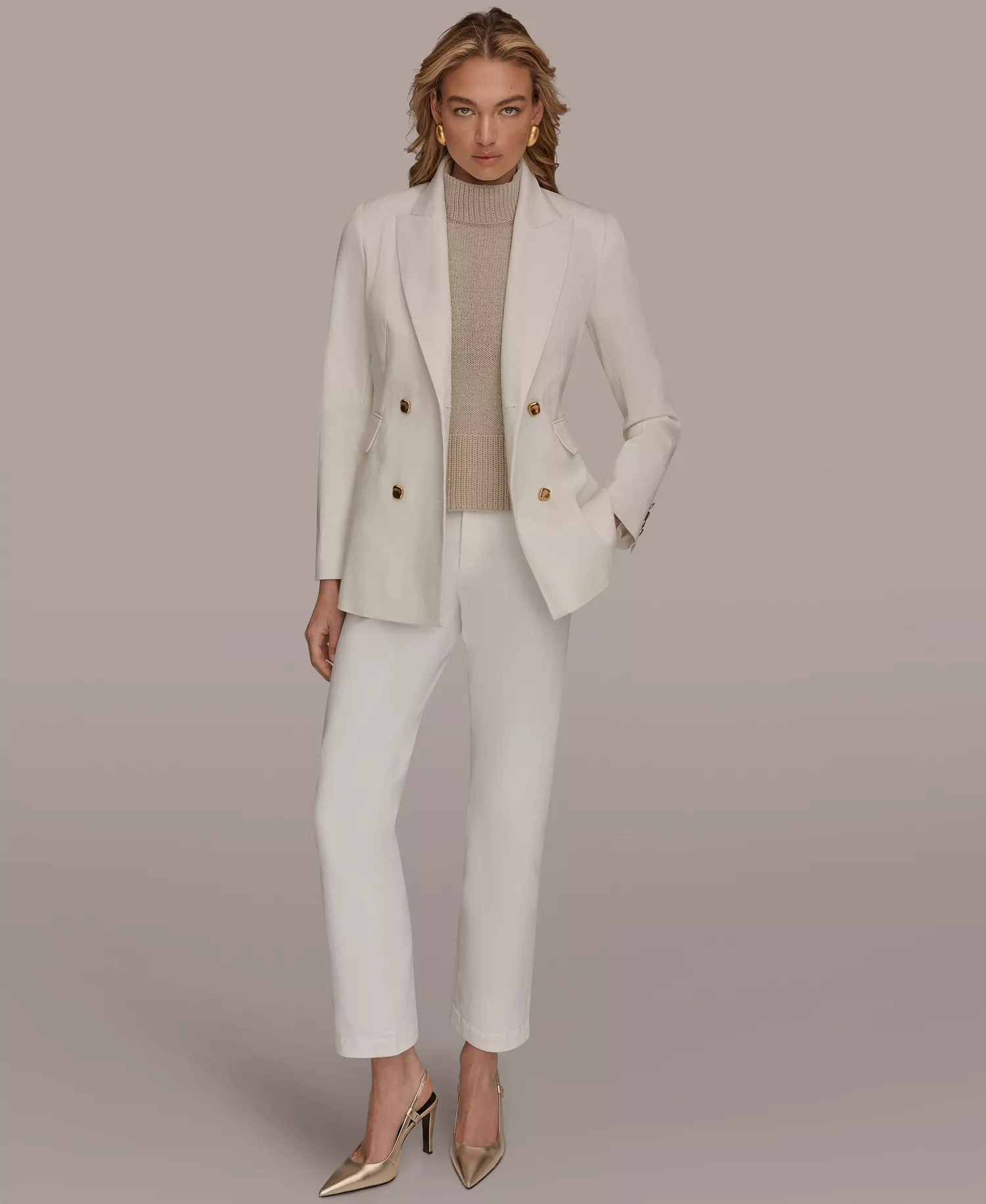 Women's Double Breasted Denim Jacket - Cream - L