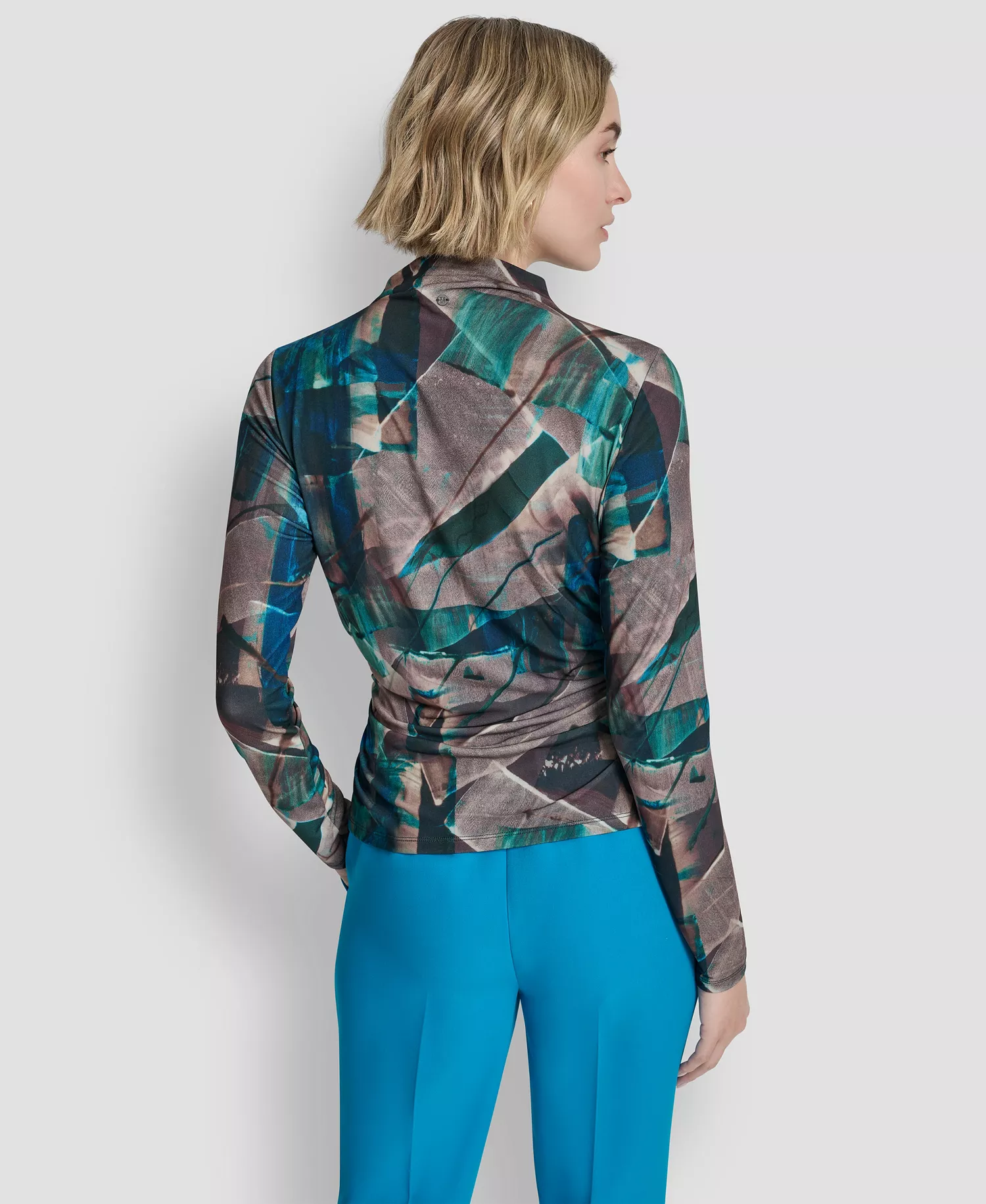 Women's Mock Neck Long Sleeve Top - City Taupe/ocean Blue Multi - L