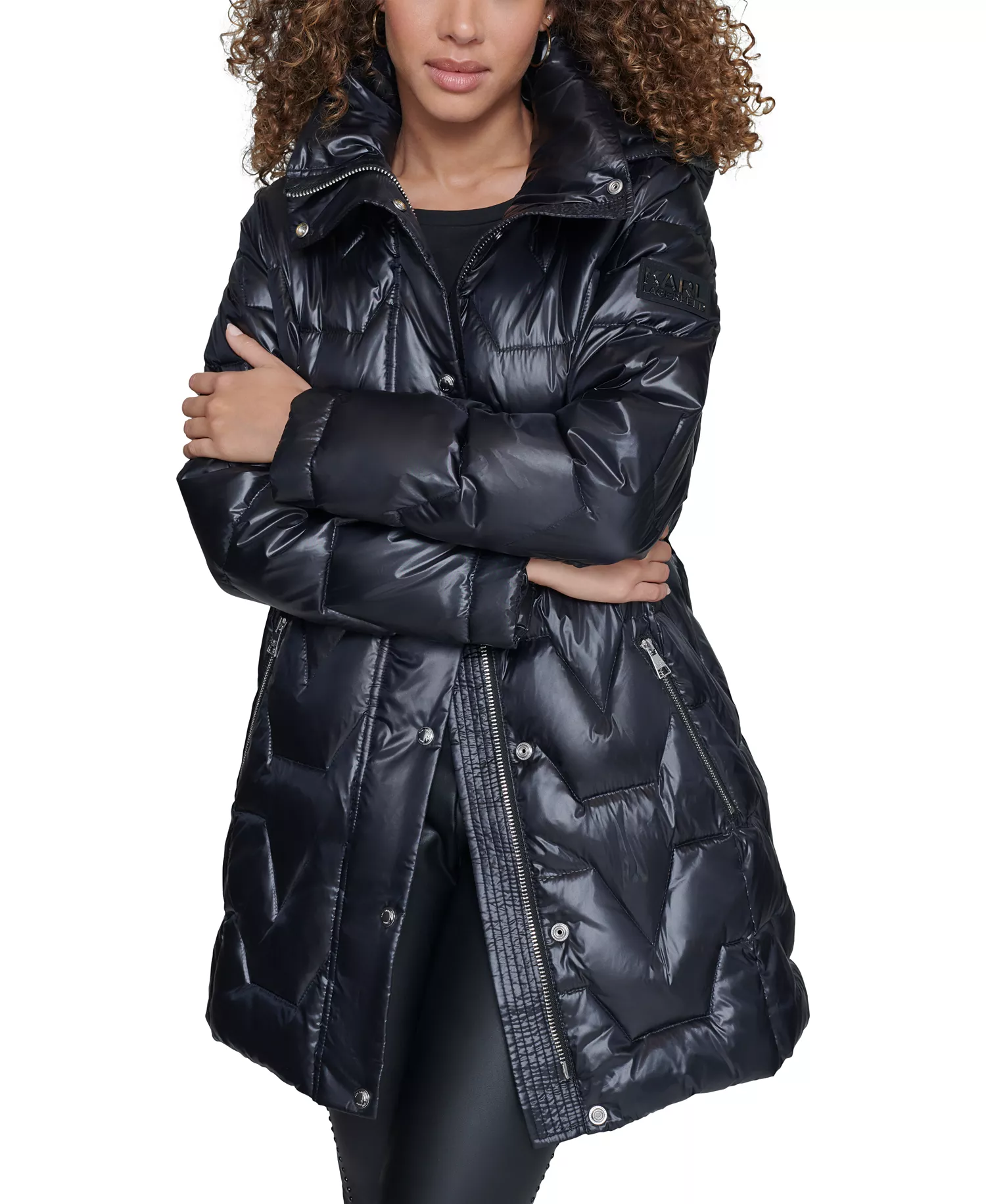 Women's Tie-Waist Hooded Puffer Coat - Black - L