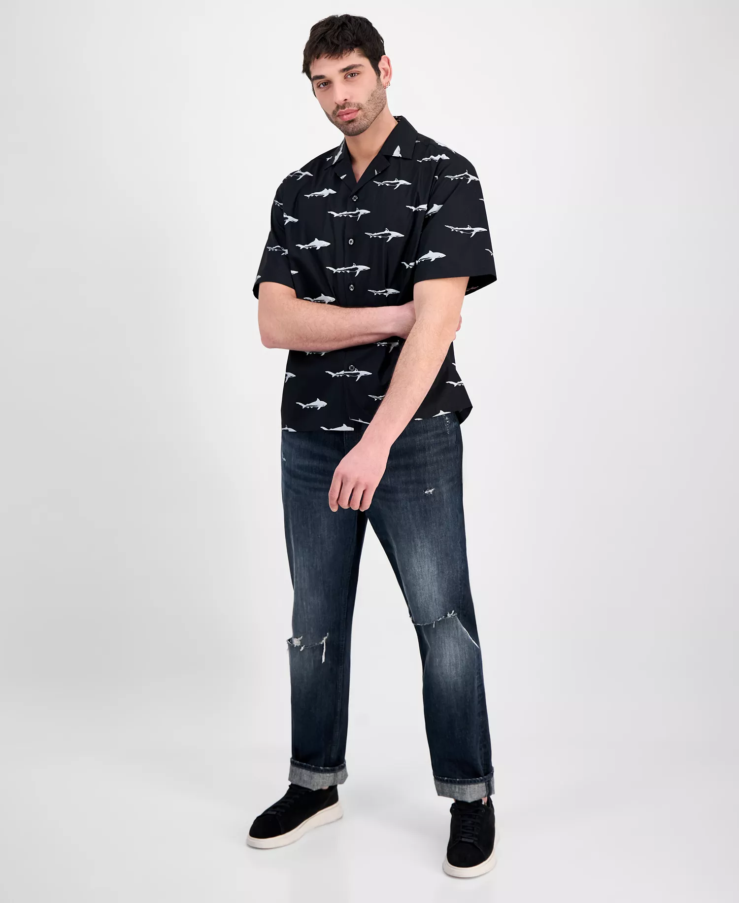 HUGO by Men's Eligino Shark Print Short-Sleeve Shirt - Black - 2XL
