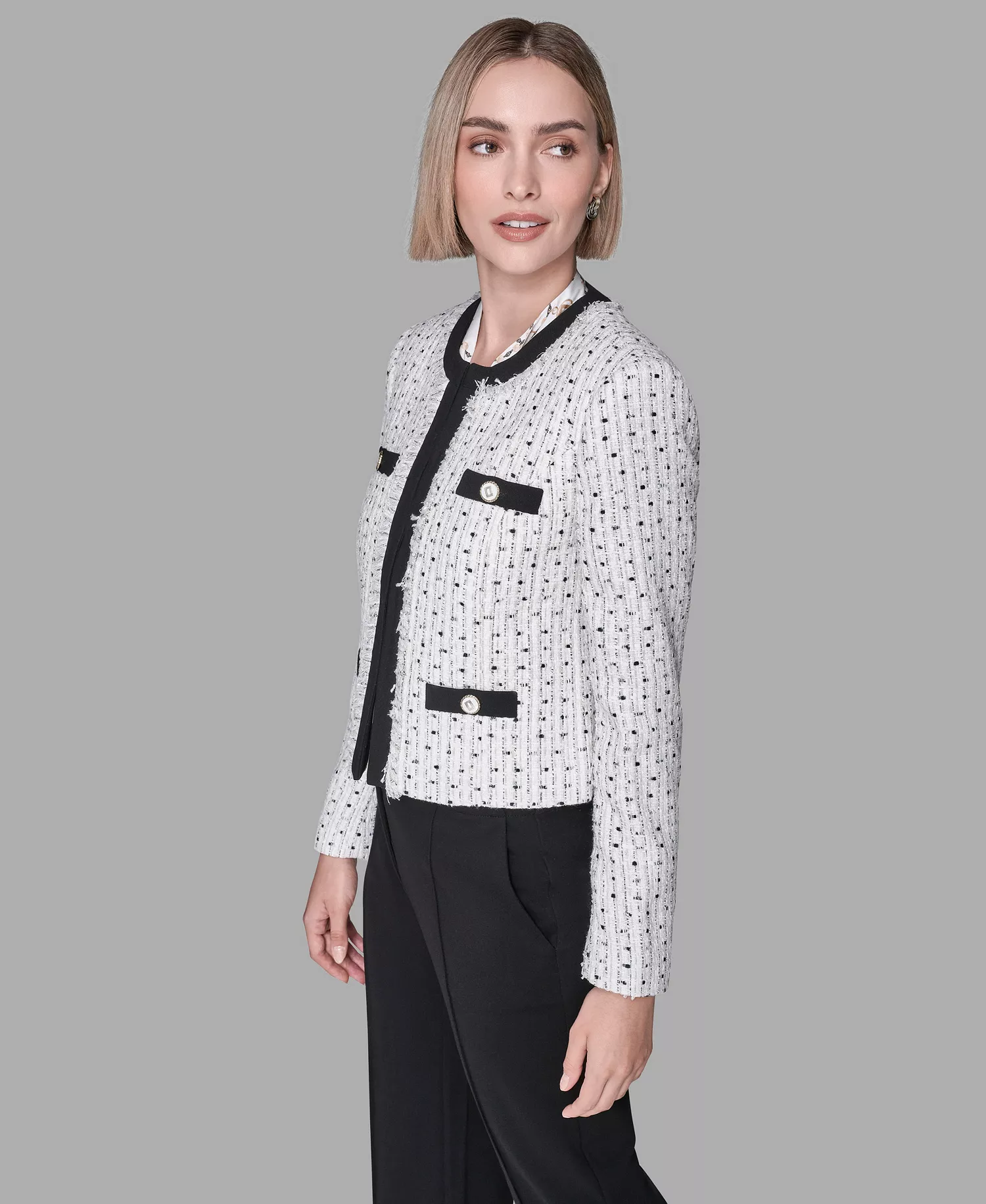 Women's Round Neck Hook & Eye Front Jacket - Natural Multi - 0