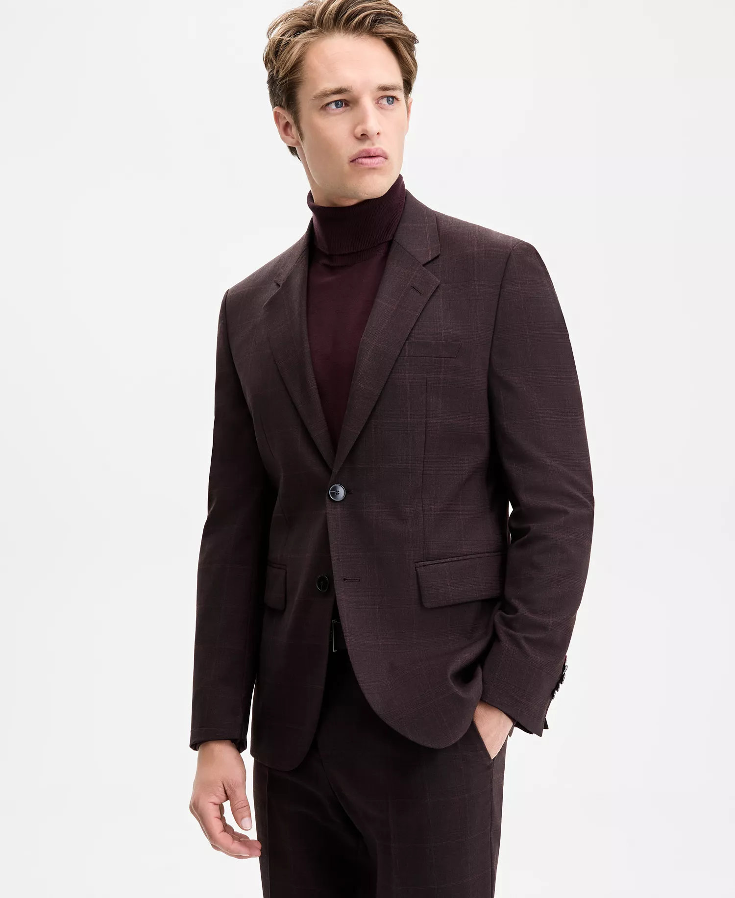 Men's Modern-Fit Plaid Suit Jacket - Burgundy - 36R