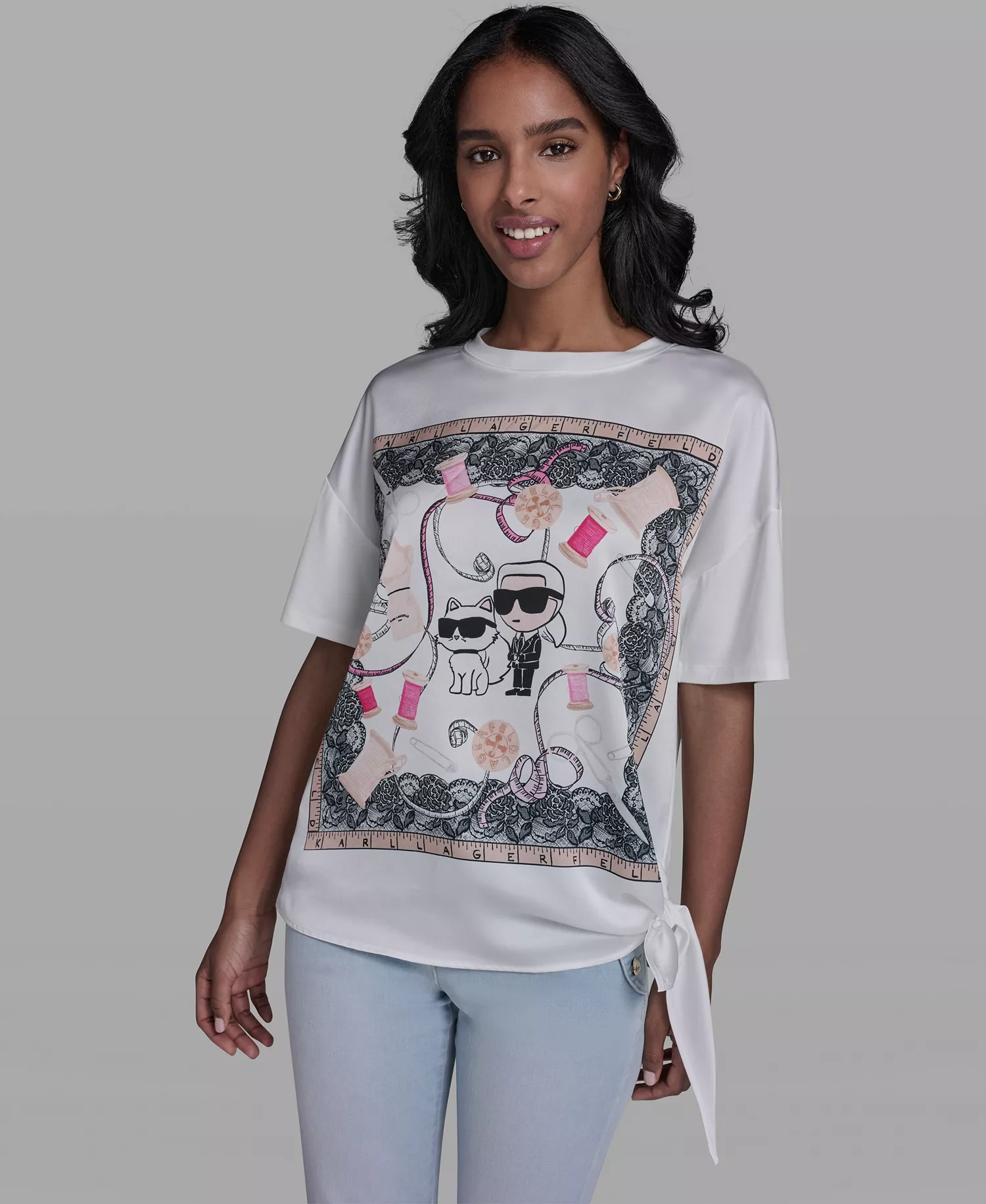 Women's Karl & Choupette Frame Side Tie Crew Neck T-Shirt - Soft White - L