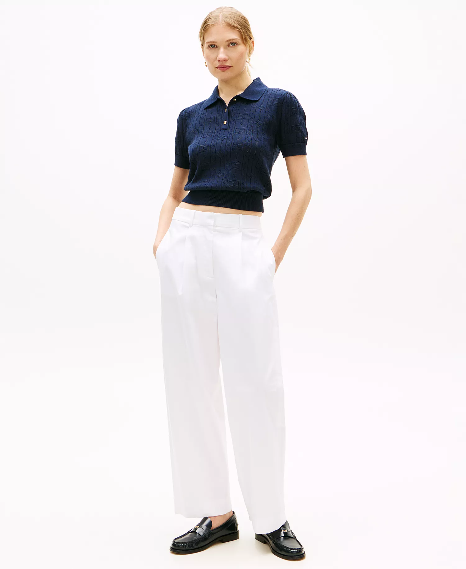 Women's Flag Pointelle Puff-Sleeve Polo Sweater - Dark Night Navy - L