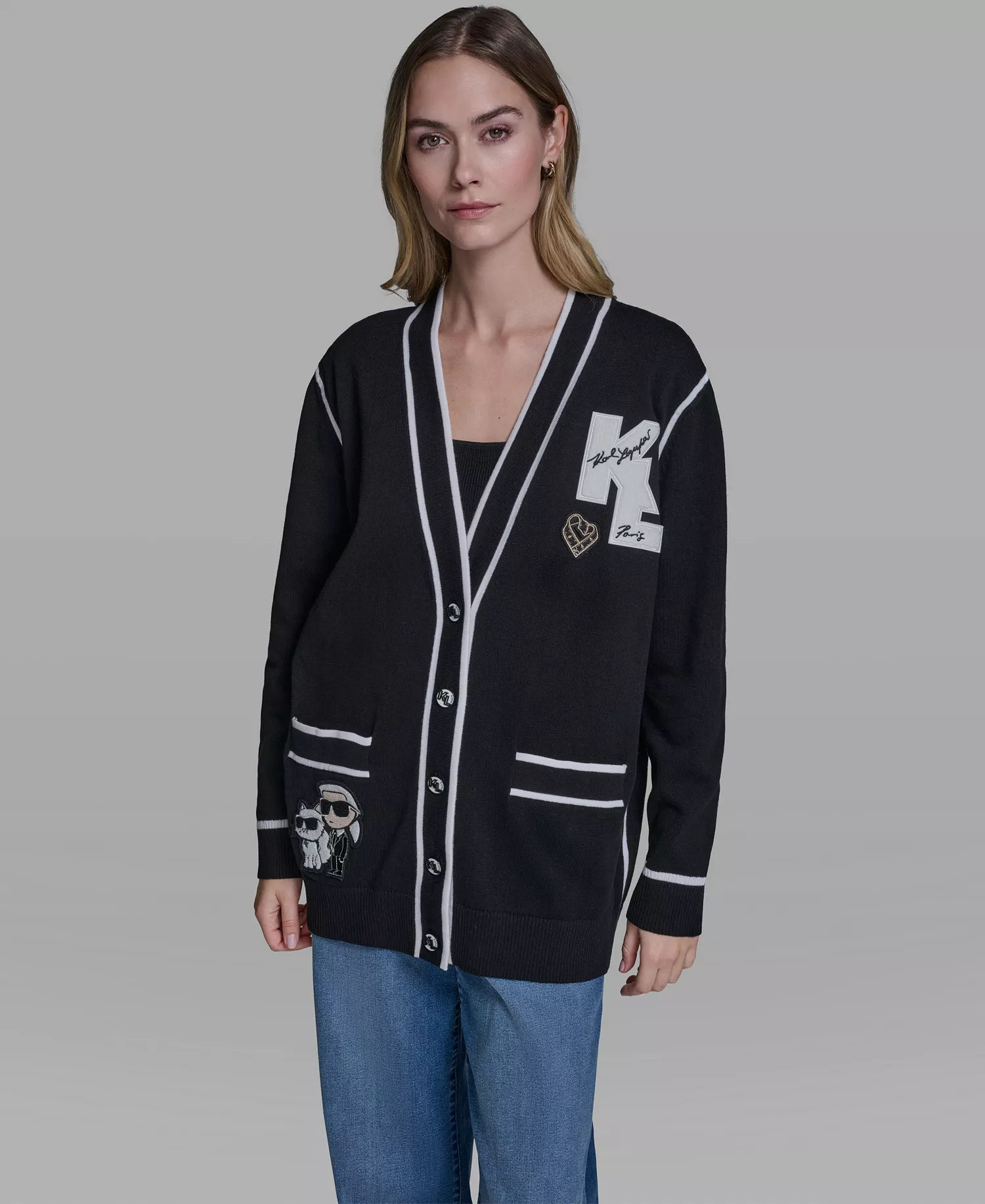 Women's Long-Sleeve Varsity Cardigan - Black - L