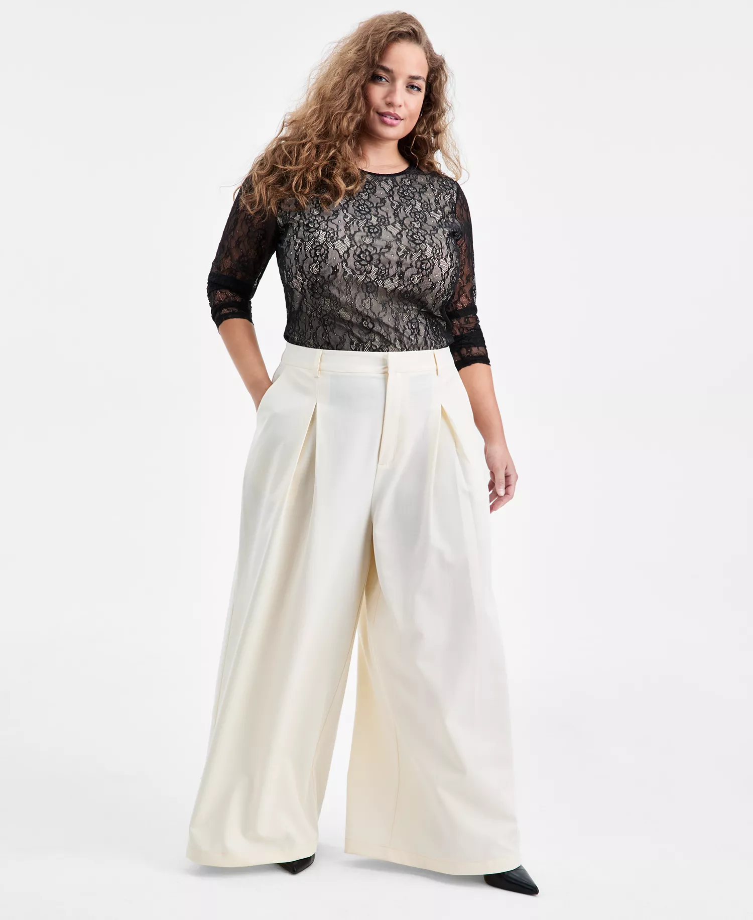 Trendy Plus Size Casual Pleated Wide-Leg Pants, Macy's Exclusive - Eggnog - 0X