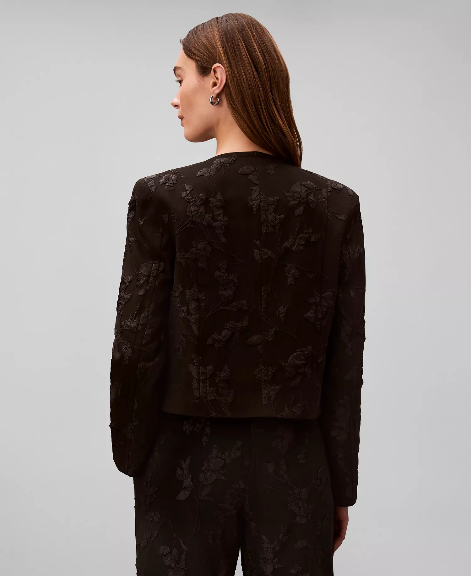 Women's Floral Square Neck Mini Dress and Novelty Crewneck Cropped Jacket - Black Floral Cuttings Cloque Jacquard - 10