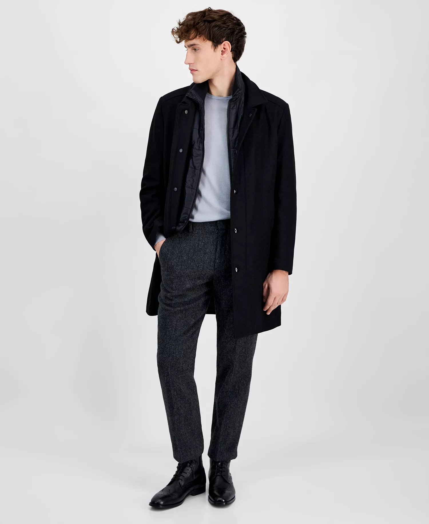 Men's Classic-Fit Bib Wool Blend Overcoat - Black - 36R