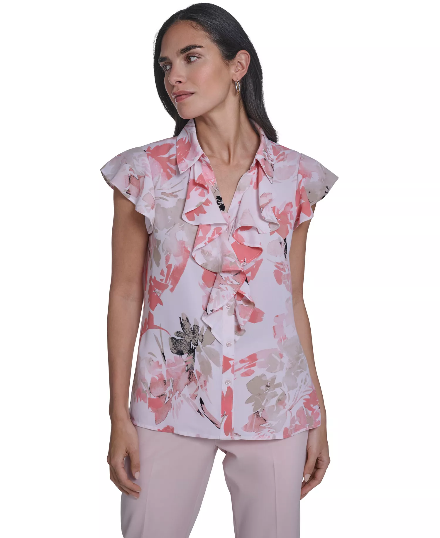 Women's Printed Cap-Sleeve Ruffle Front Top - Petal/latte Multi - L