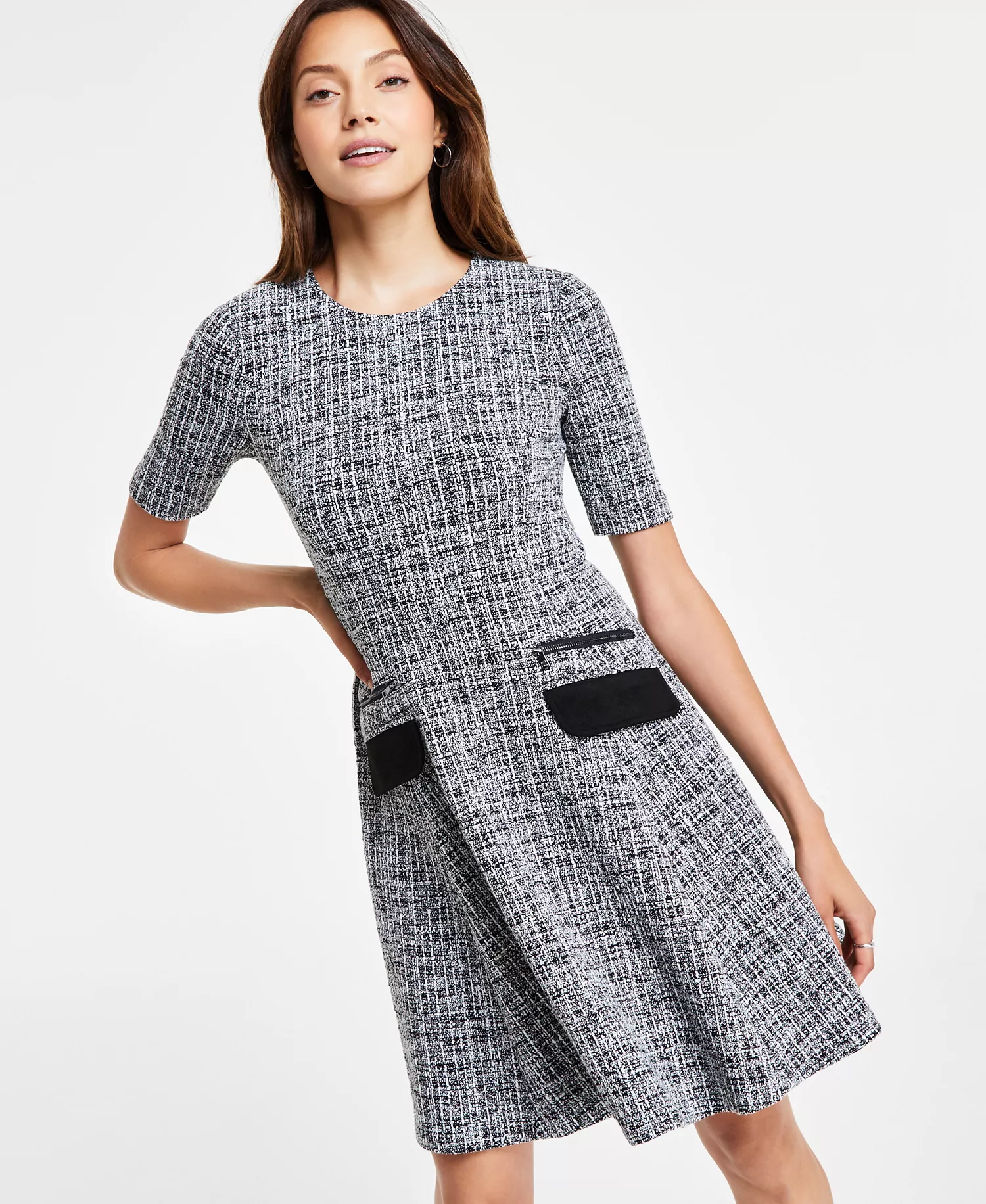Short Sleeve Zipper Flap-Pocket A-line Tweed Dress - Black/Cream - 10