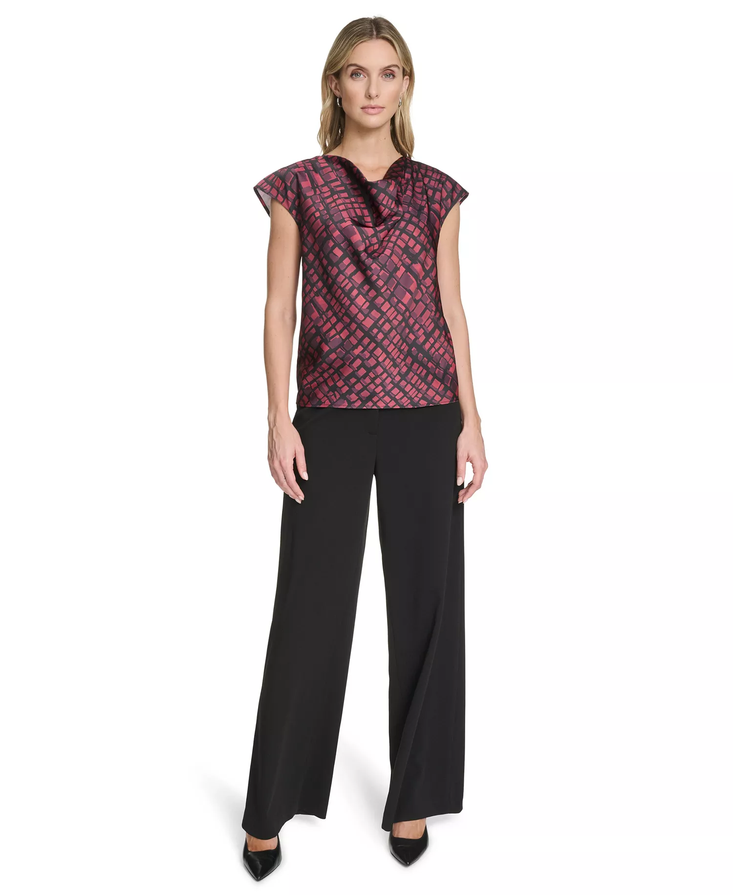 Women's Short Sleeve Cowl Neck Pull-On Blouse - Cranberry Multi - L