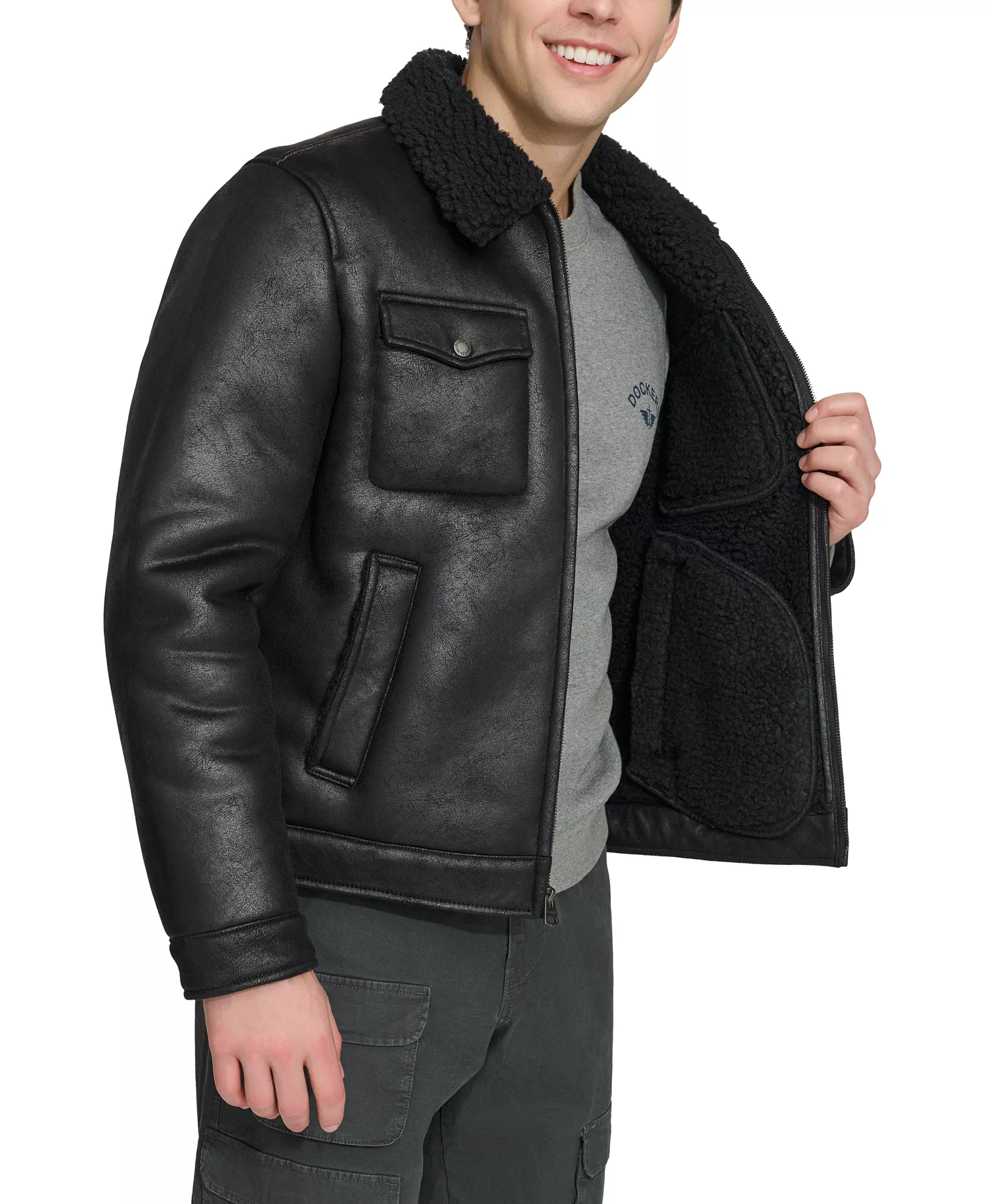 Men's Faux-Shearling Full-Zip Trucker Jacket - Black - L
