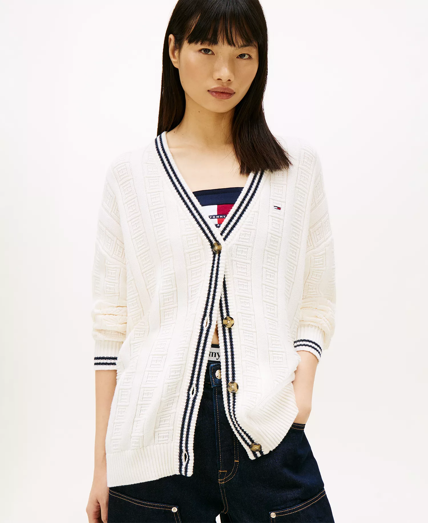 Women's Oversized Flag Cable Long-Sleeve Cardigan - Ancient White - L
