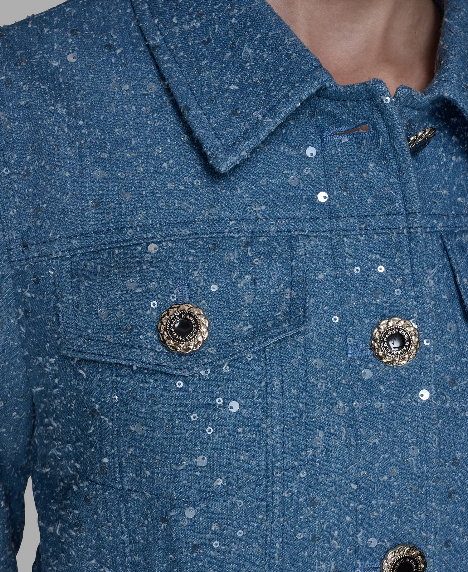 Women's Button Front Sequin Detail Jacket - Medium Blue - L