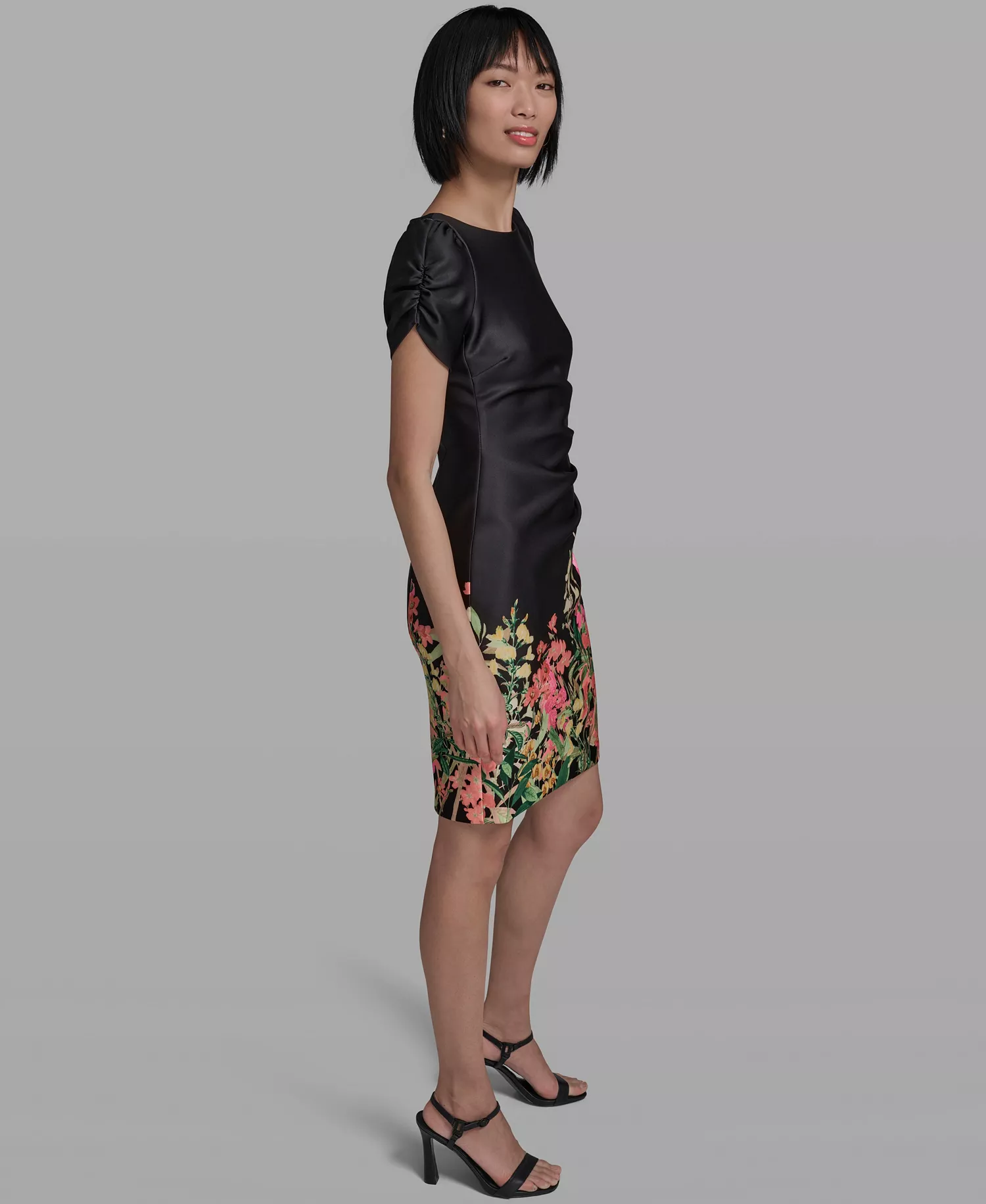 Women's Short-Sleeve Floral Border Hem Sheath Dress - Black Multi - 0