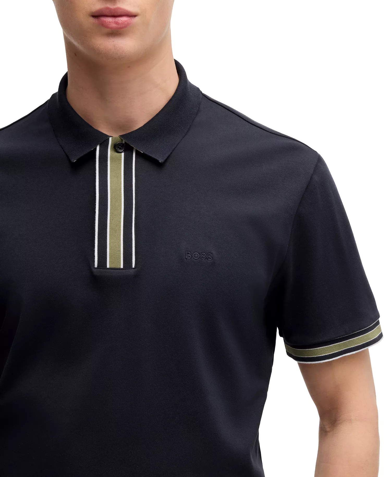 Men's Interlock-Cotton Contrast Tipping Polo - Dark Blue - S
