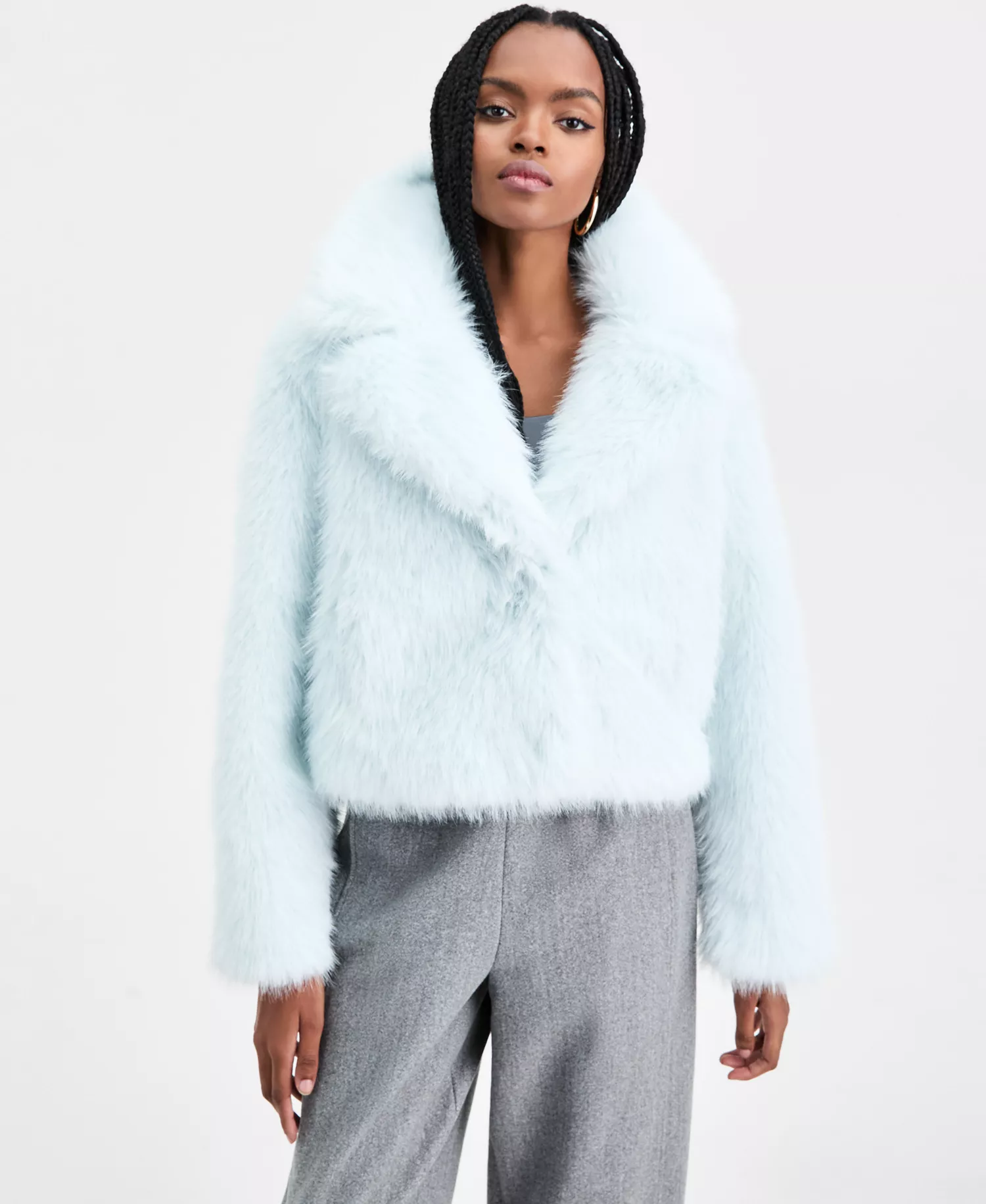 Women's Notched Collar Faux Fur Coat, Macy's Exclusive - Mint - L