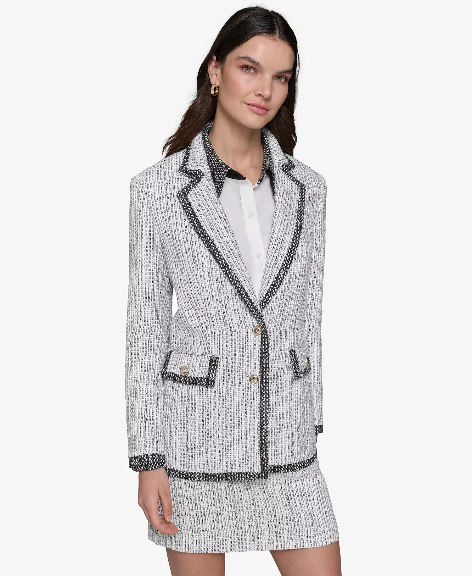 Tweed Blazer, Blouse & Tweed A-Line Skirt - Soft White/ Black - 10