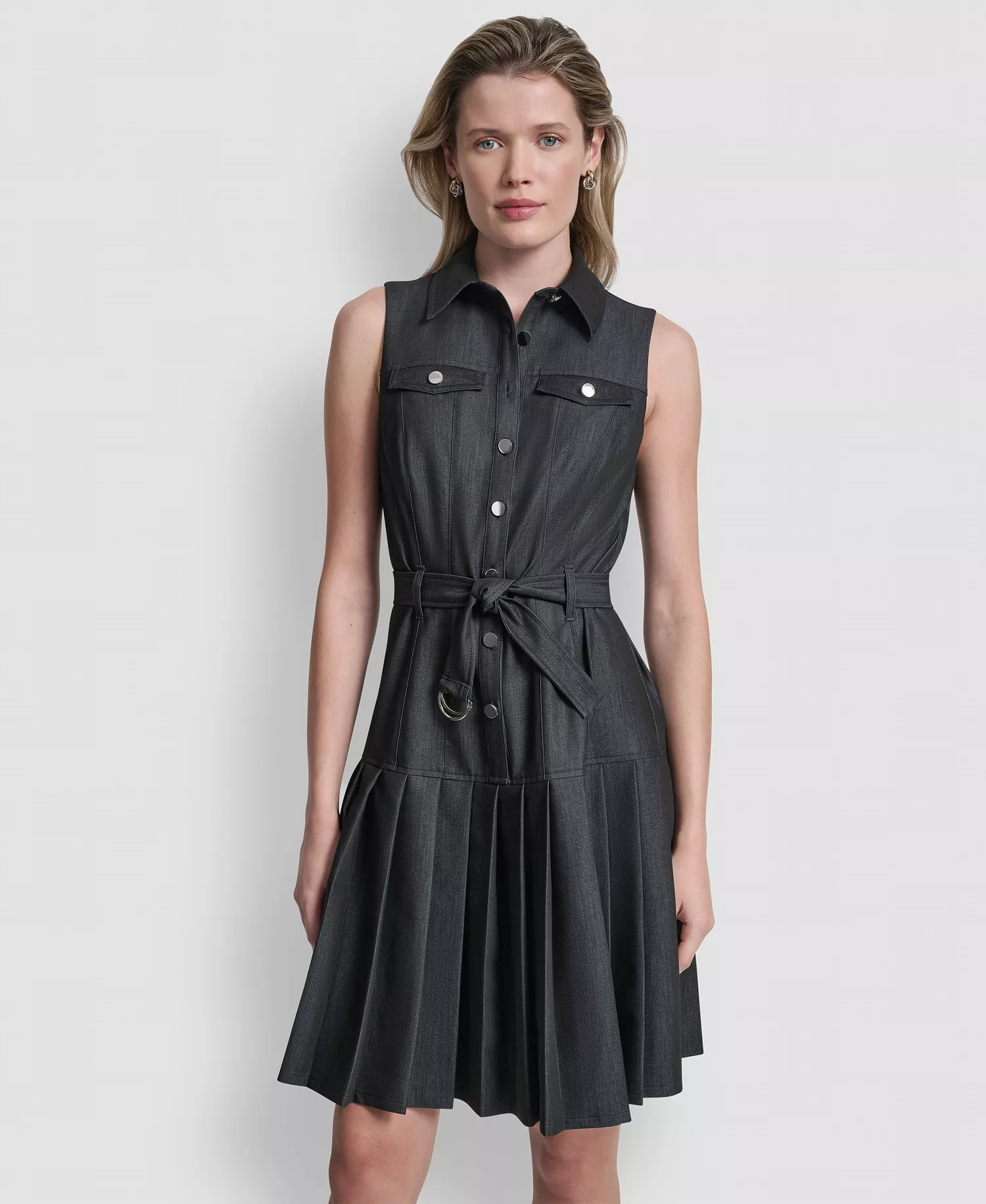 Women's Sleeveless Collared Pleated Dress - Denim - 10