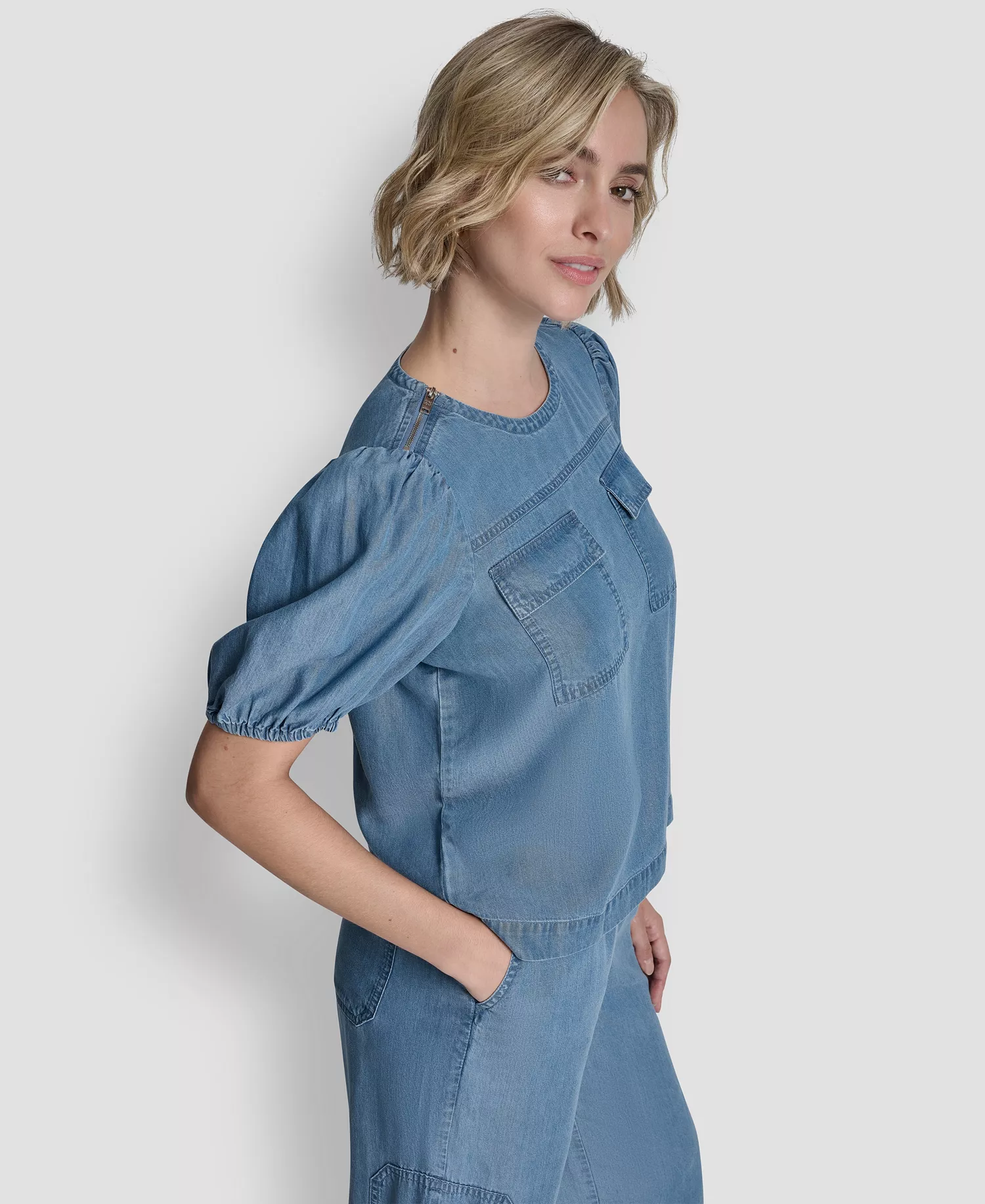 Women's Short-Sleeve Zip-Shoulder Top - Stream Wash - L