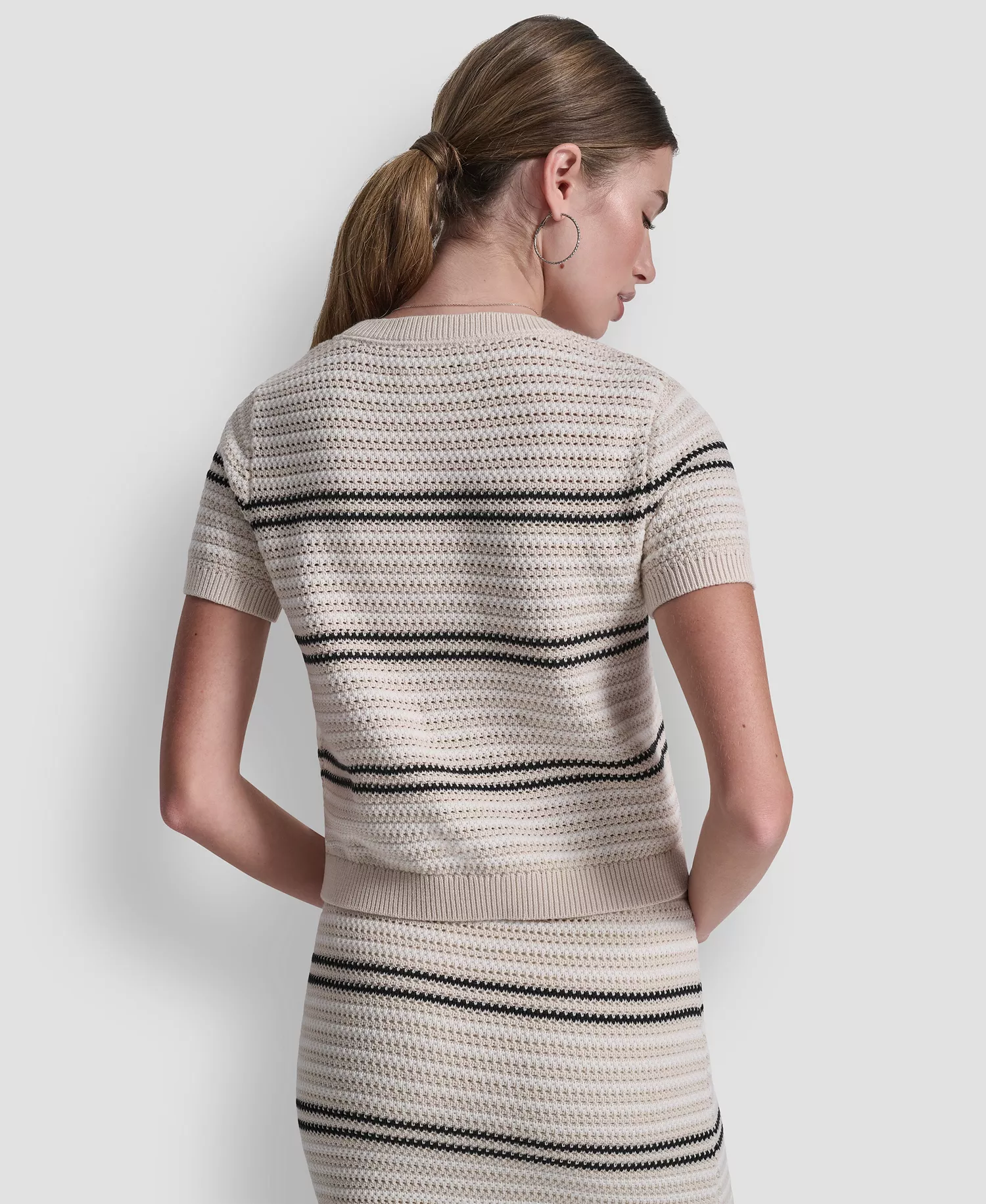 Women's Scoop Neck Striped Pointelle Sweater - Natural/ivory/black - L