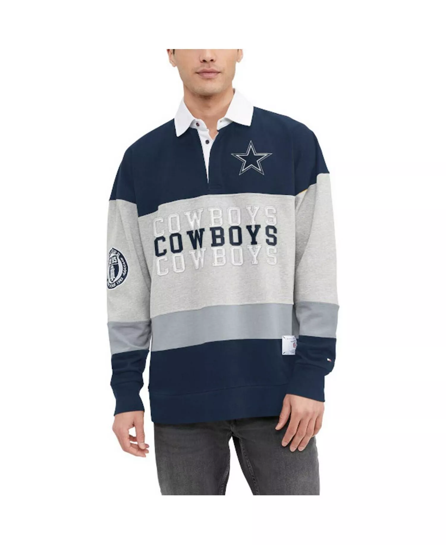 Men's Heather Gray, Navy Dallas Cowboys Connor Oversized Rugby Long Sleeve Polo Shirt - Heather Gray, Navy - 2XL